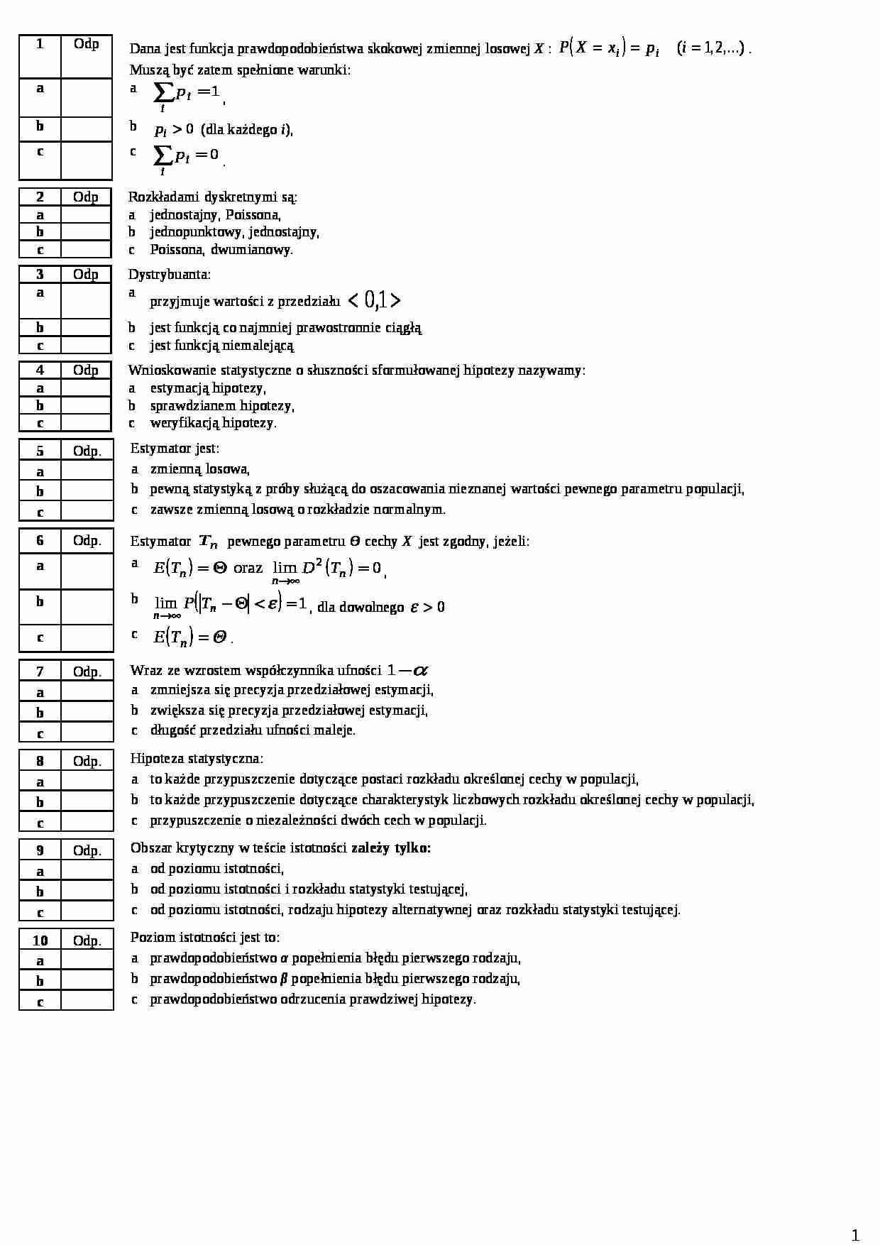 Przykładowe testy ze statystyki matematycznej - strona 1