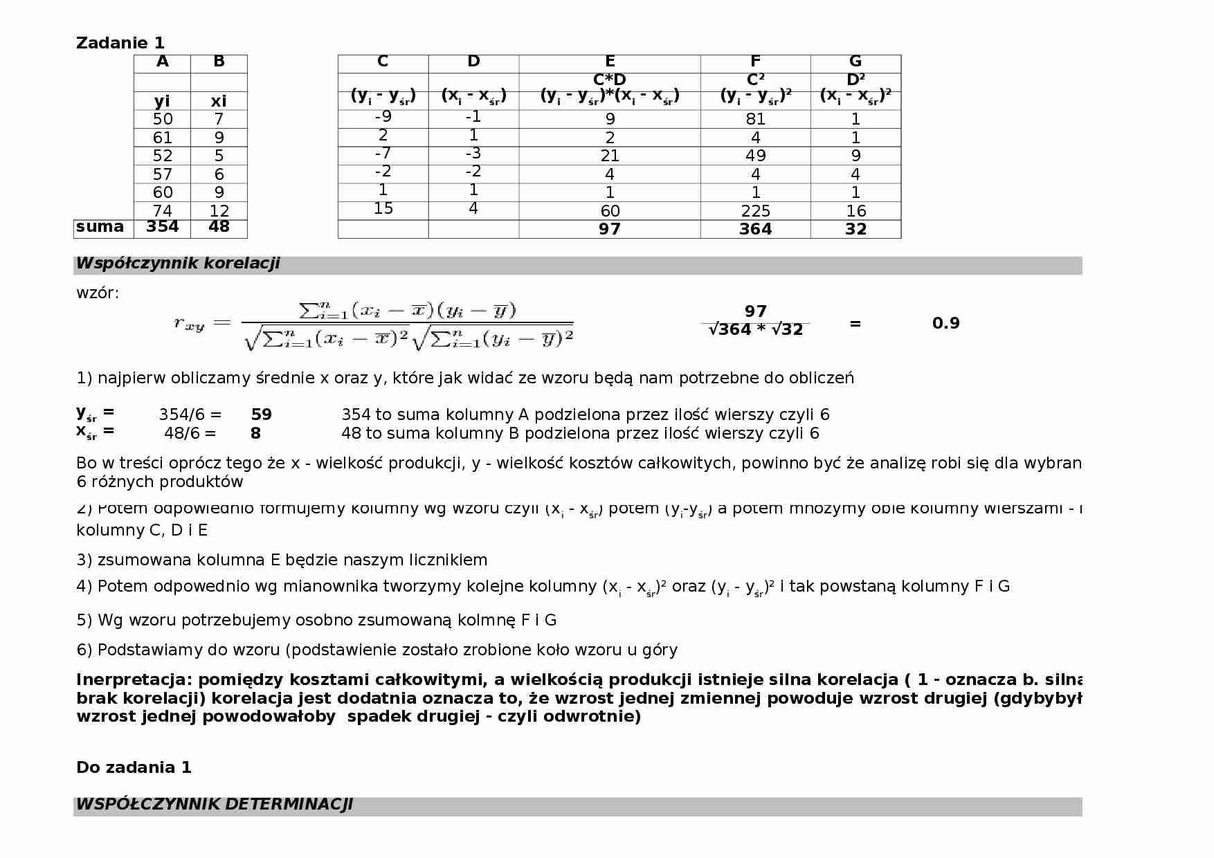 Statystyka - obliczanie parametrów funkcji regresji, odchylenie standardowe składnika resztowego - strona 1