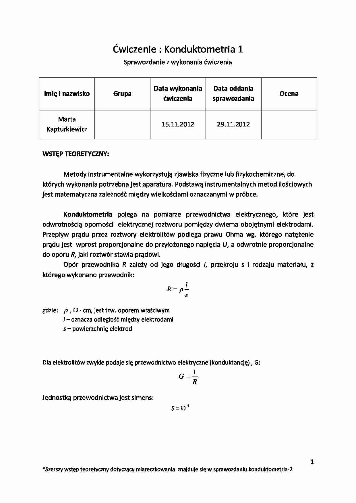 Konduktometria I i II Sprawozdanie - strona 1