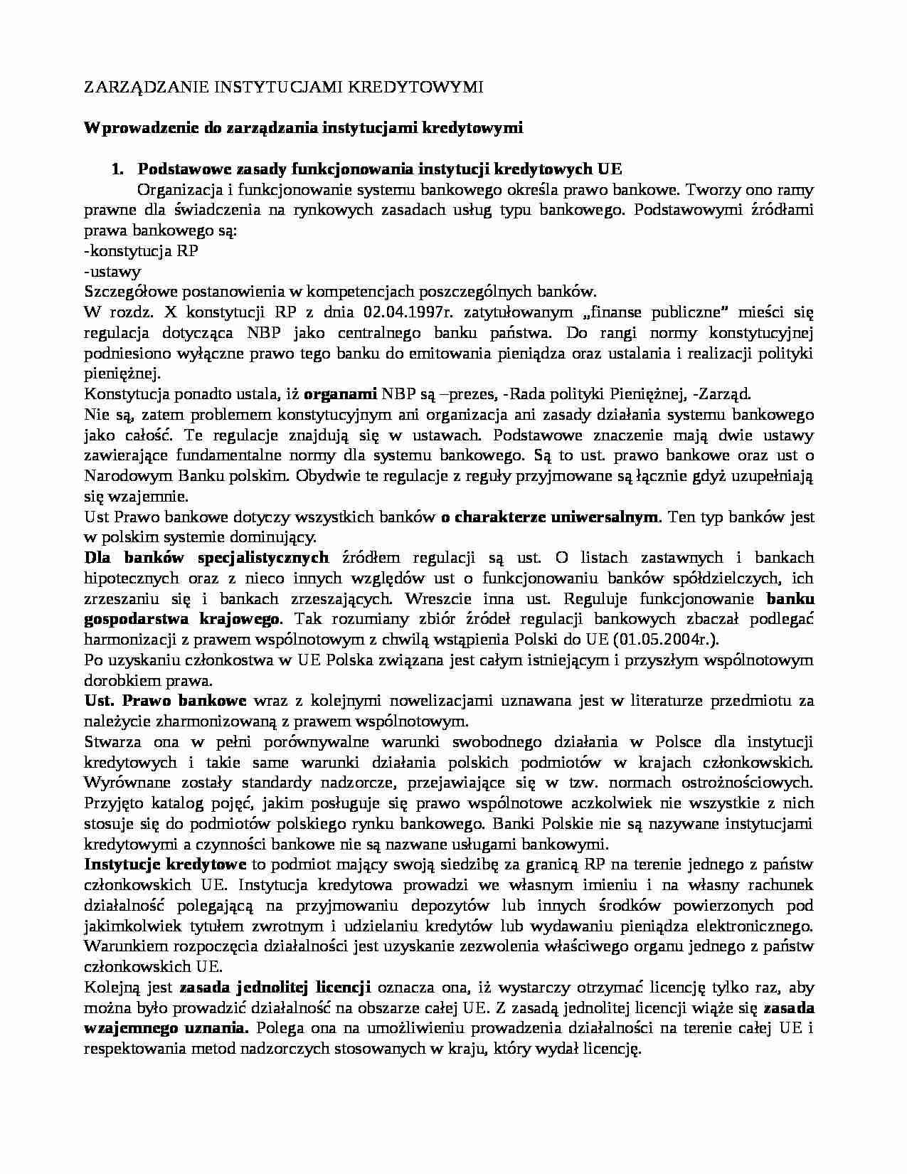Zarządzanie instytucjami kredytowymi - dr Korzusznik ćwiczenia  - strona 1
