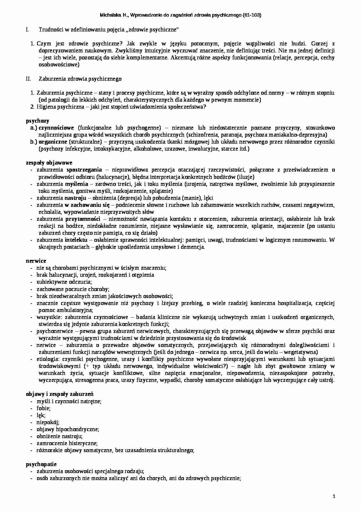 Michalska - Wpr. do zagadnień zdrowia psychicznego - strona 1