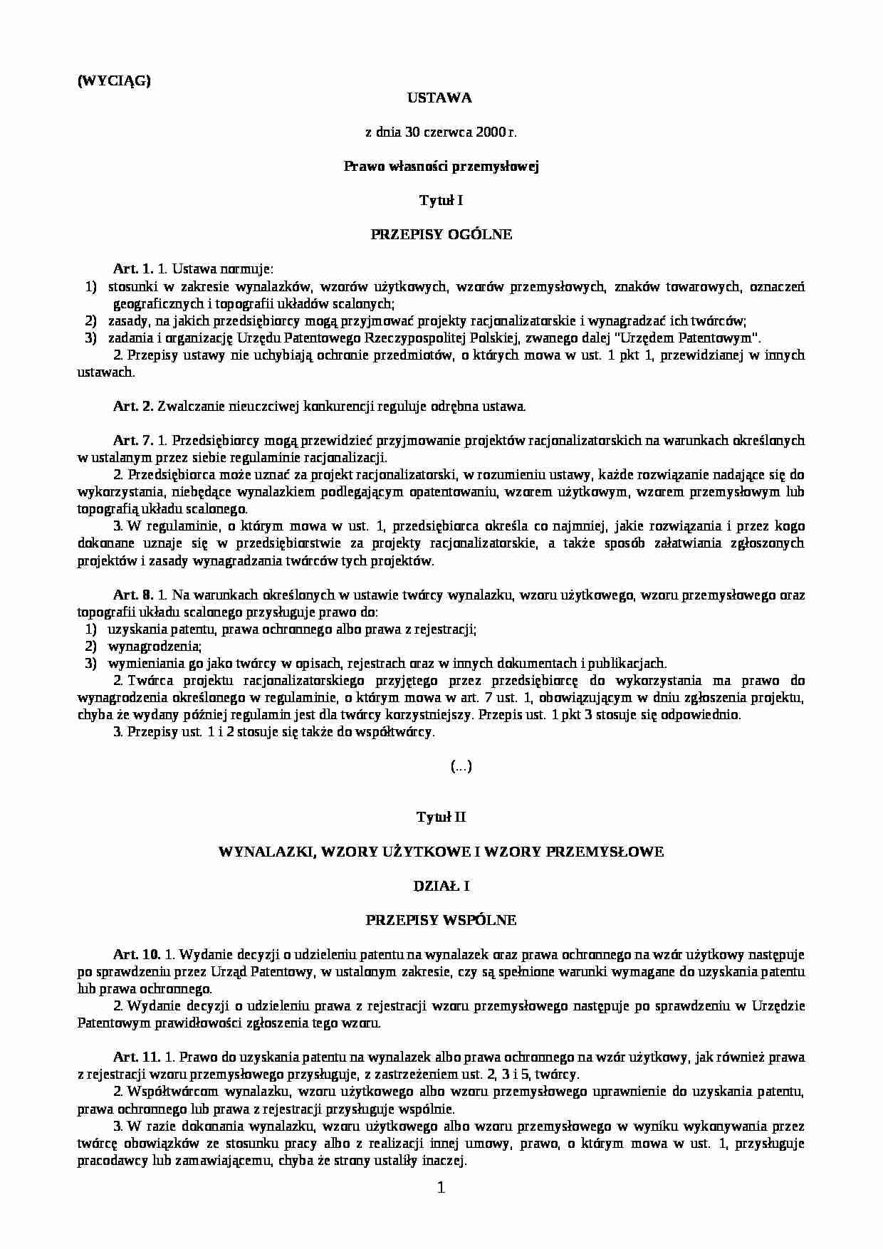 prawo własności przemysłowej - ustawa - strona 1