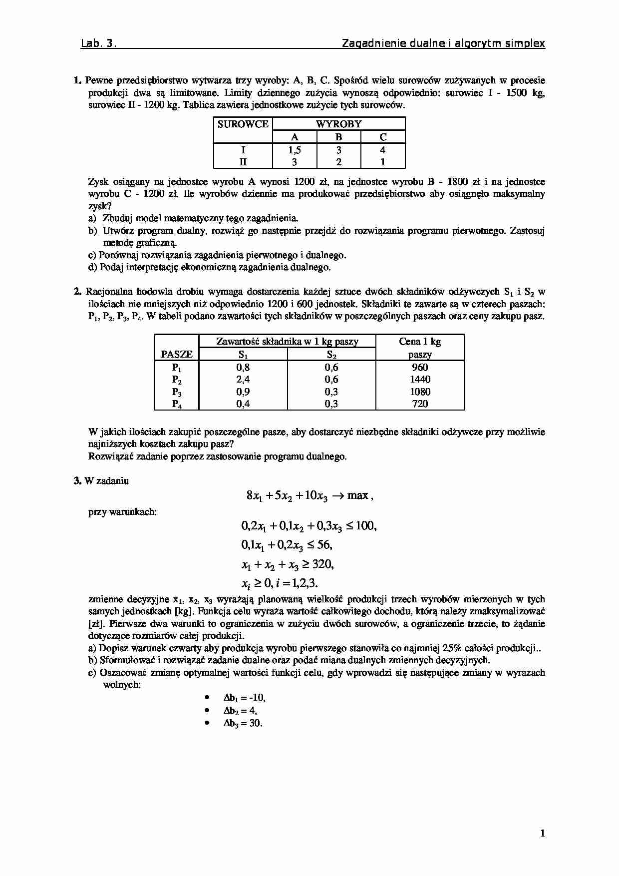 Zagadnienie dualne i algorytm simplex - badania operacyjne - strona 1