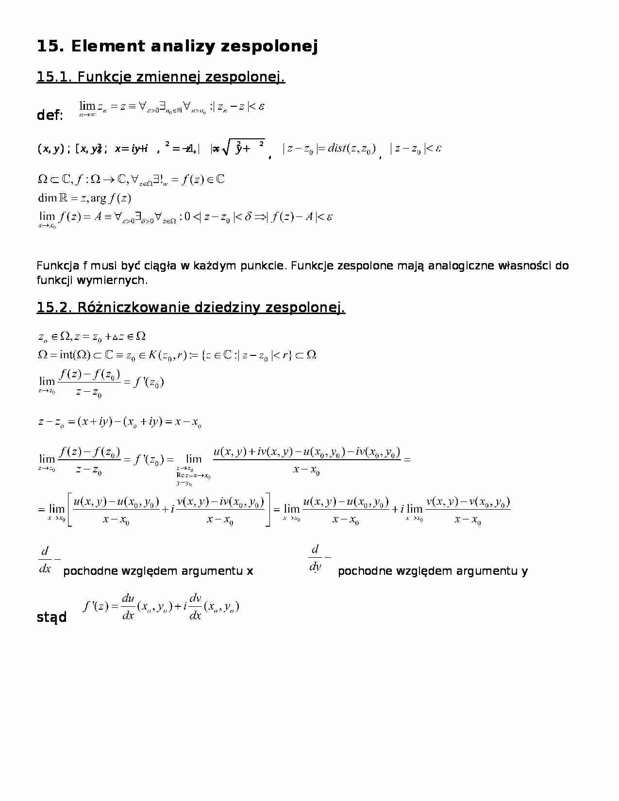 Element analizy zespolonej -  Funkcje zmiennej zespolonej - strona 1
