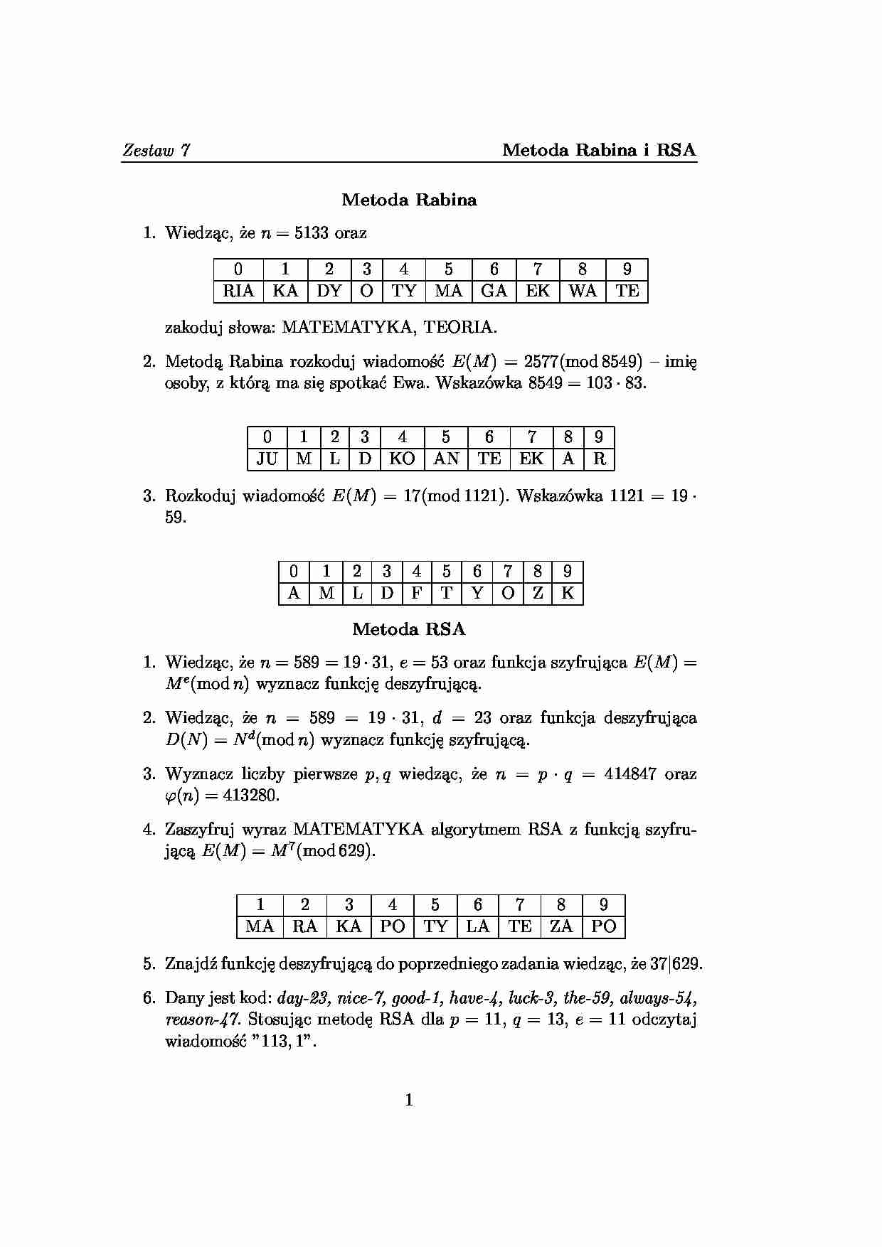 Metoda Rabina i RSA pytania algebra cz 7 - strona 1