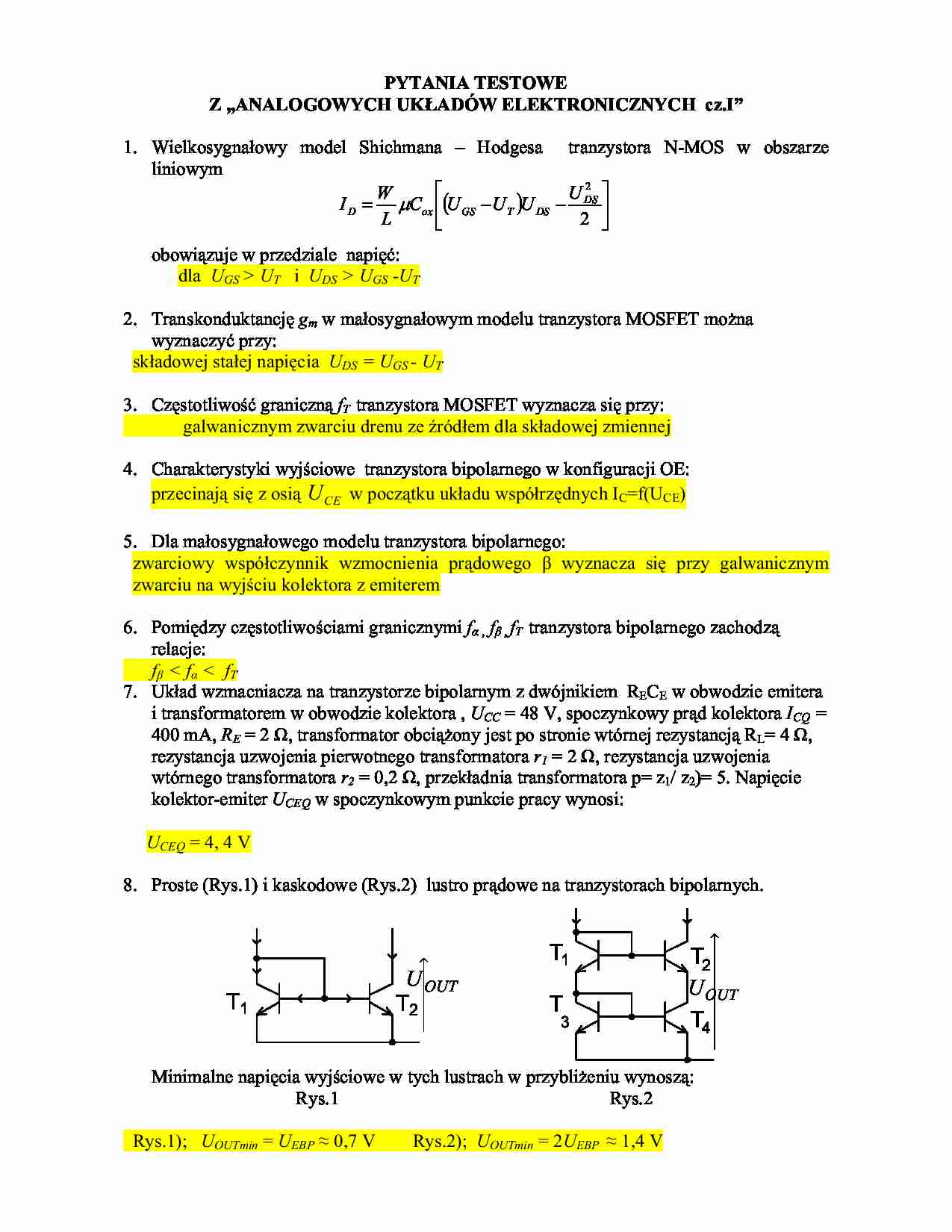 Pytania testowe z „analogowych układów elektronicznych  cz.I” - strona 1