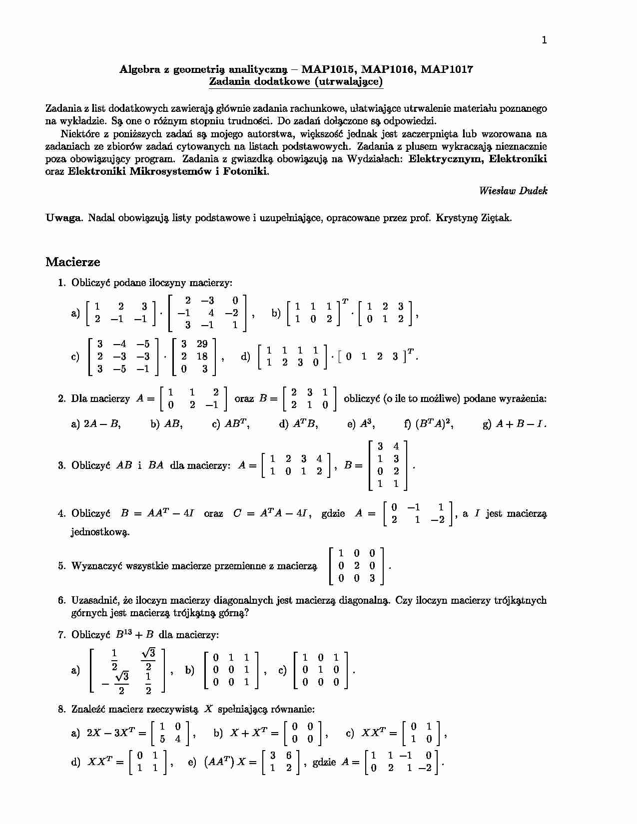 Zadania algebra z geometrią analityczną - strona 1
