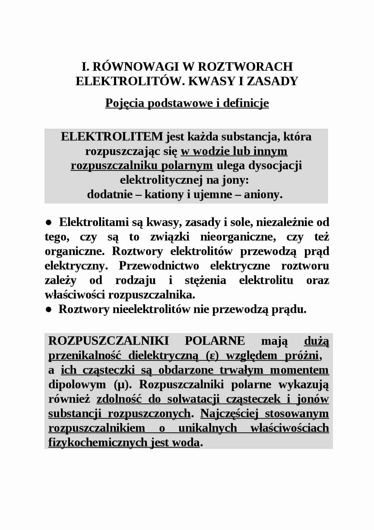 Równowagi w roztworach elektrolitów - Rozpuszczalniki polarne - strona 1