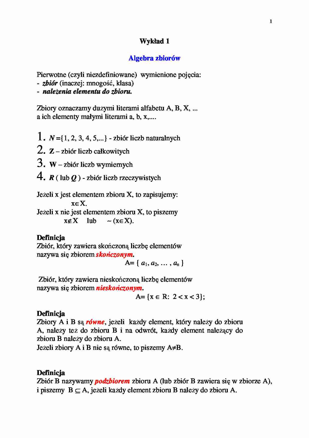 Algebra zbiorów - wykład - strona 1
