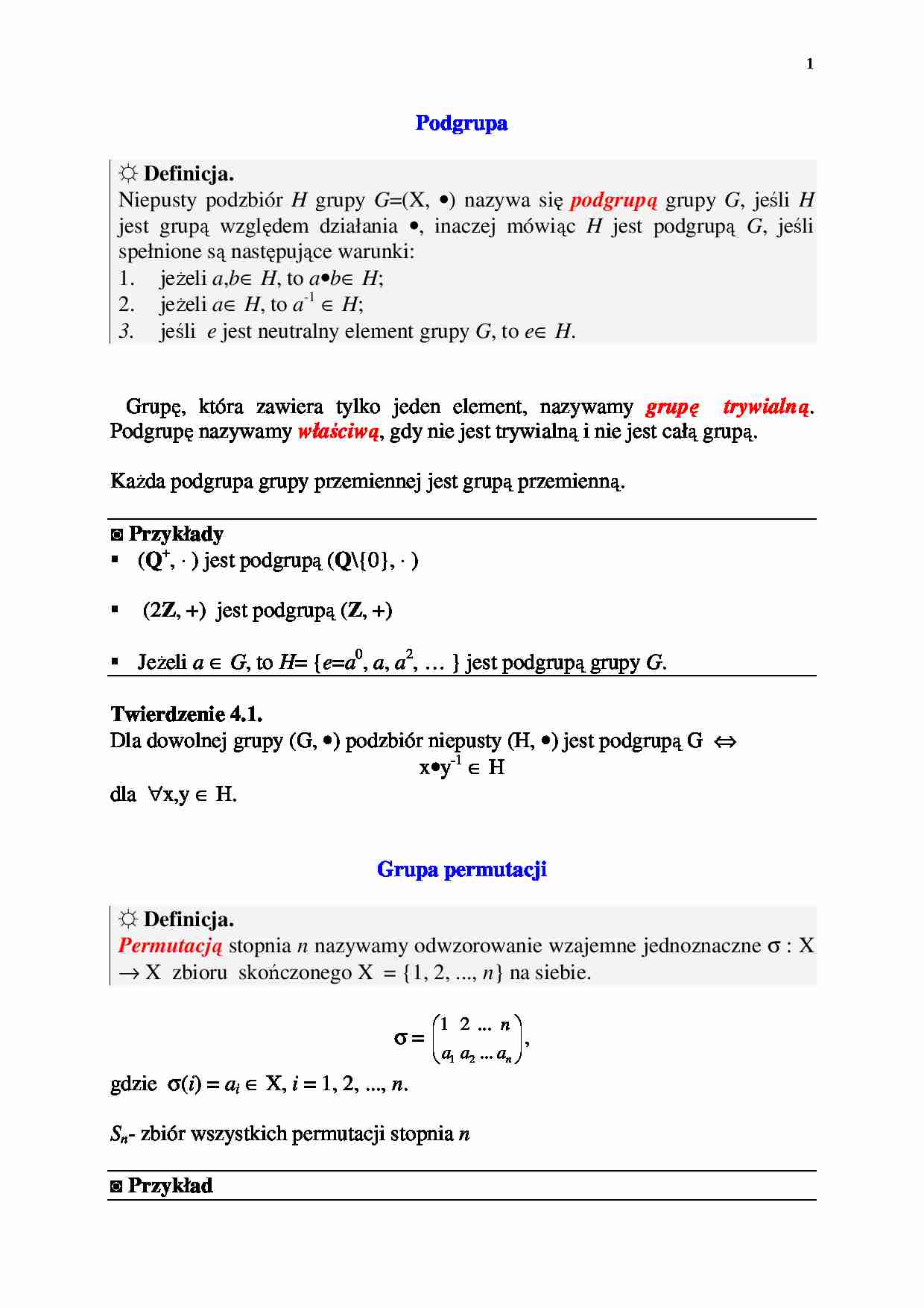 Algebra, podgrupa - wykład 4 - strona 1
