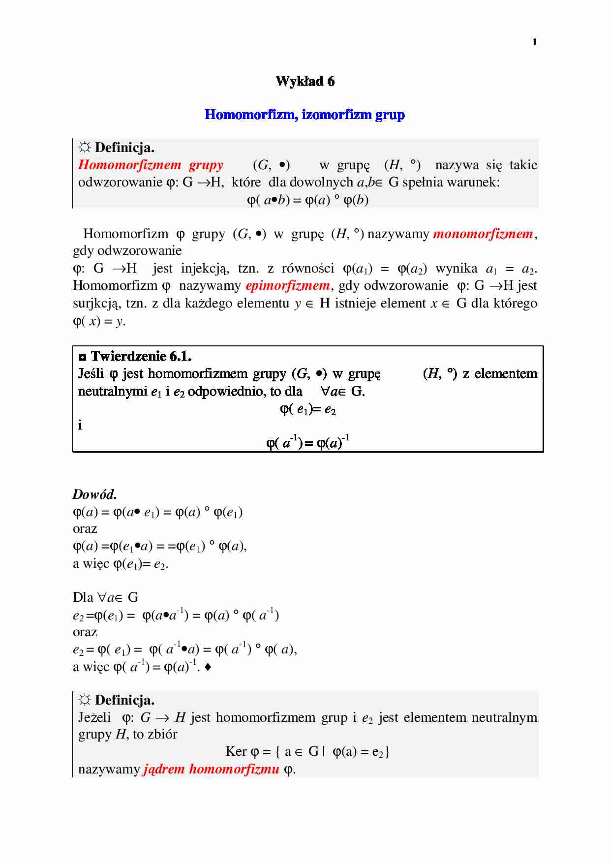 Algebra, homomorfizm - wykład 6 - strona 1