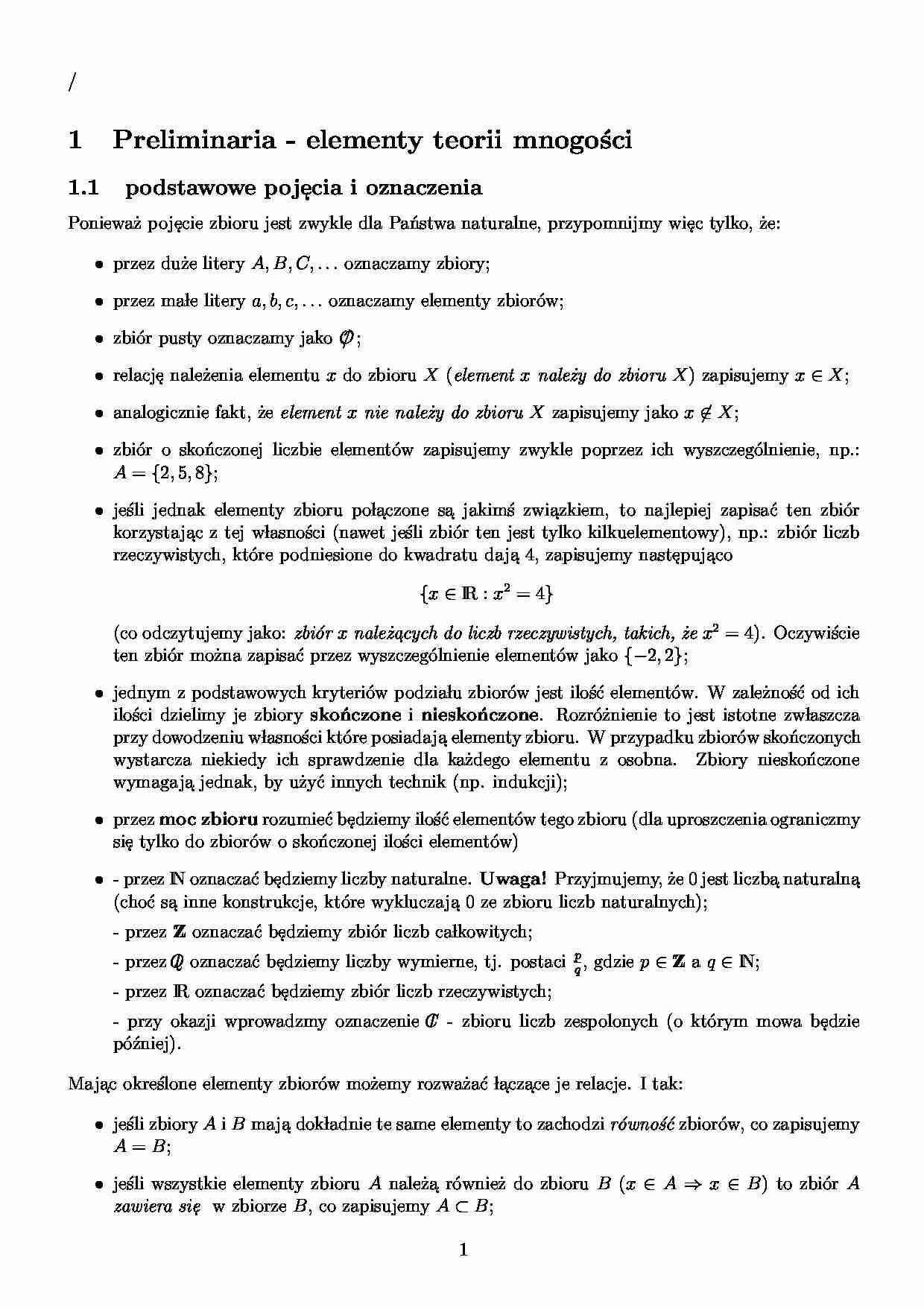 Preliminaria - elementy teorii mnogości - strona 1