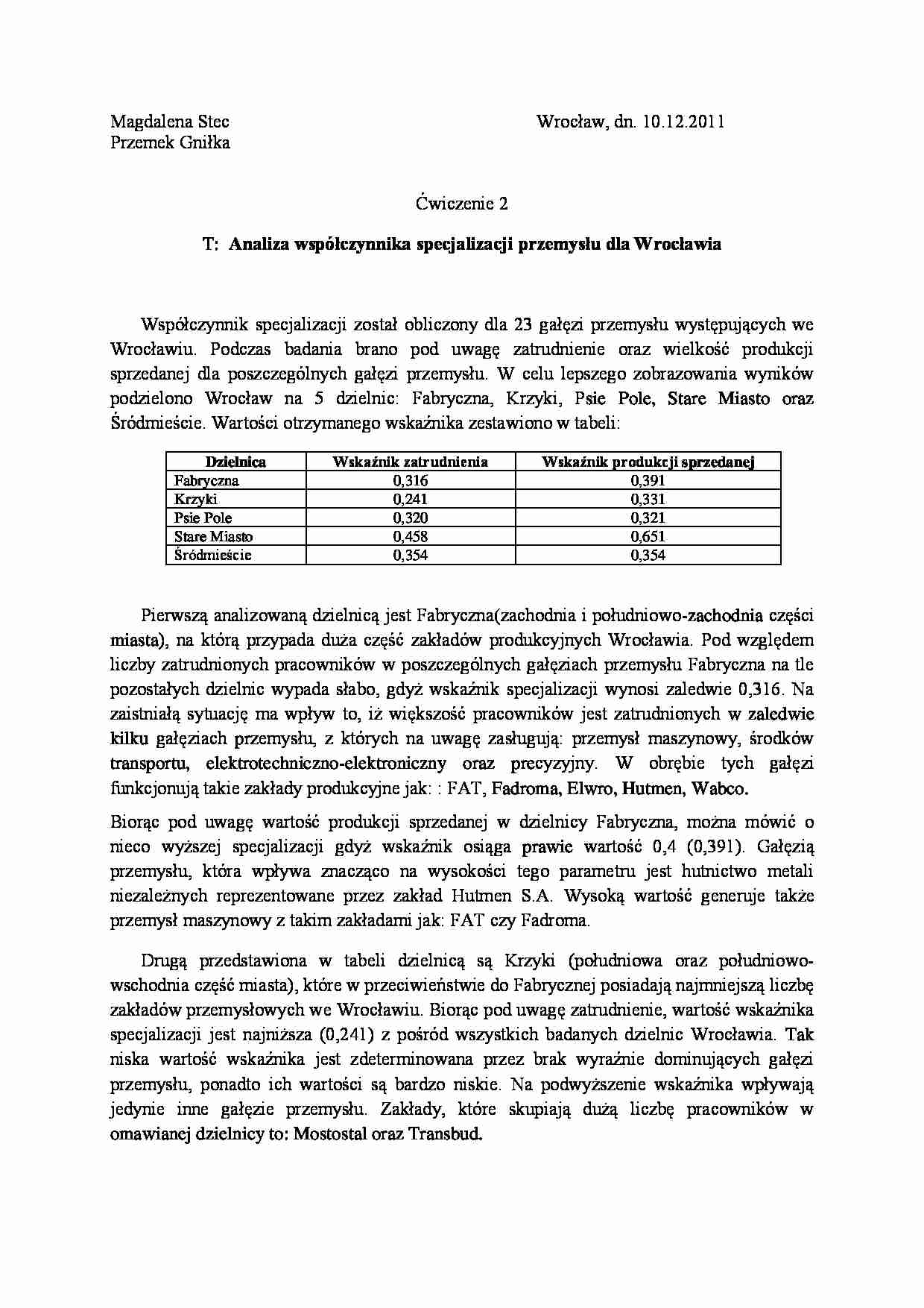 Analiza współczynnika specjalizacji przemysłu dla Wrocławia - strona 1