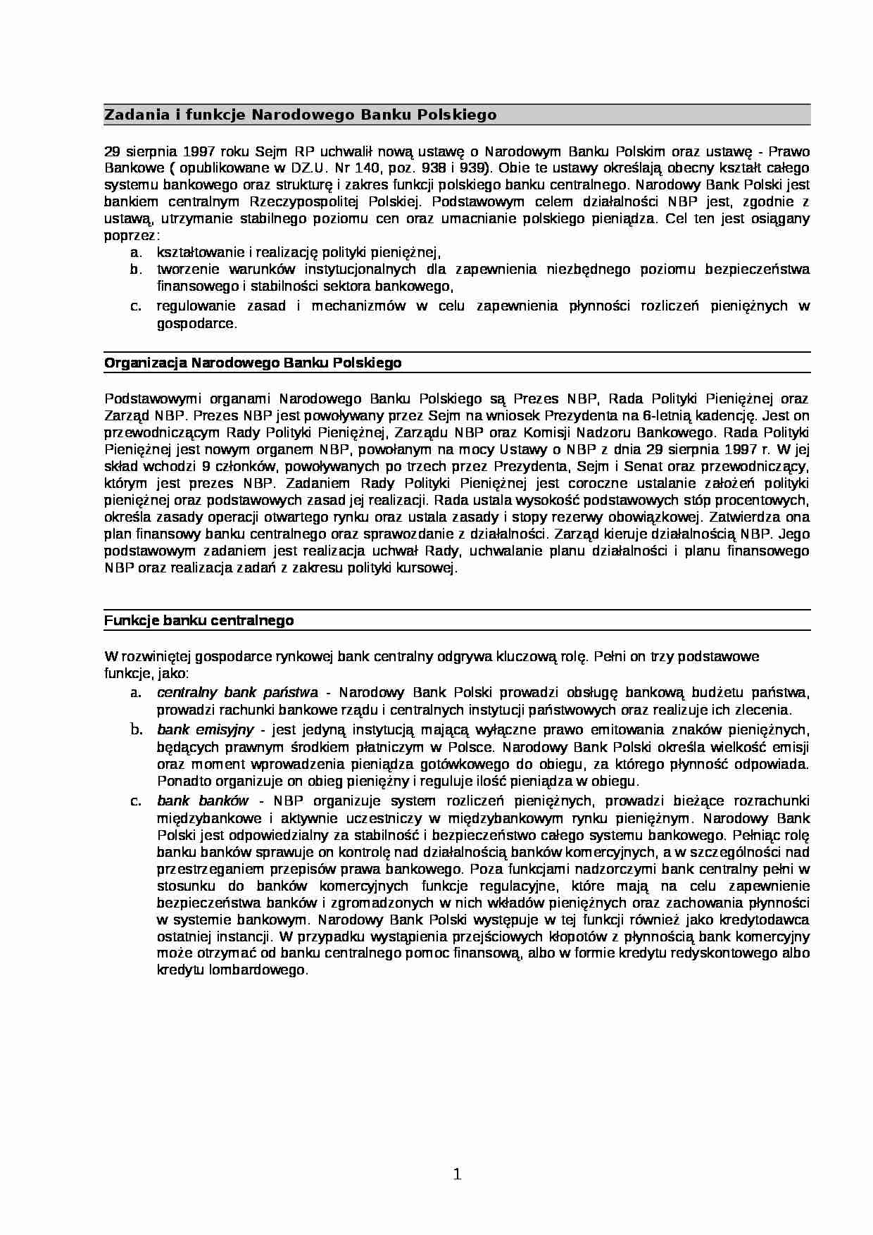 Zadania i funkcje Narodowego Banku Polskiego - strona 1