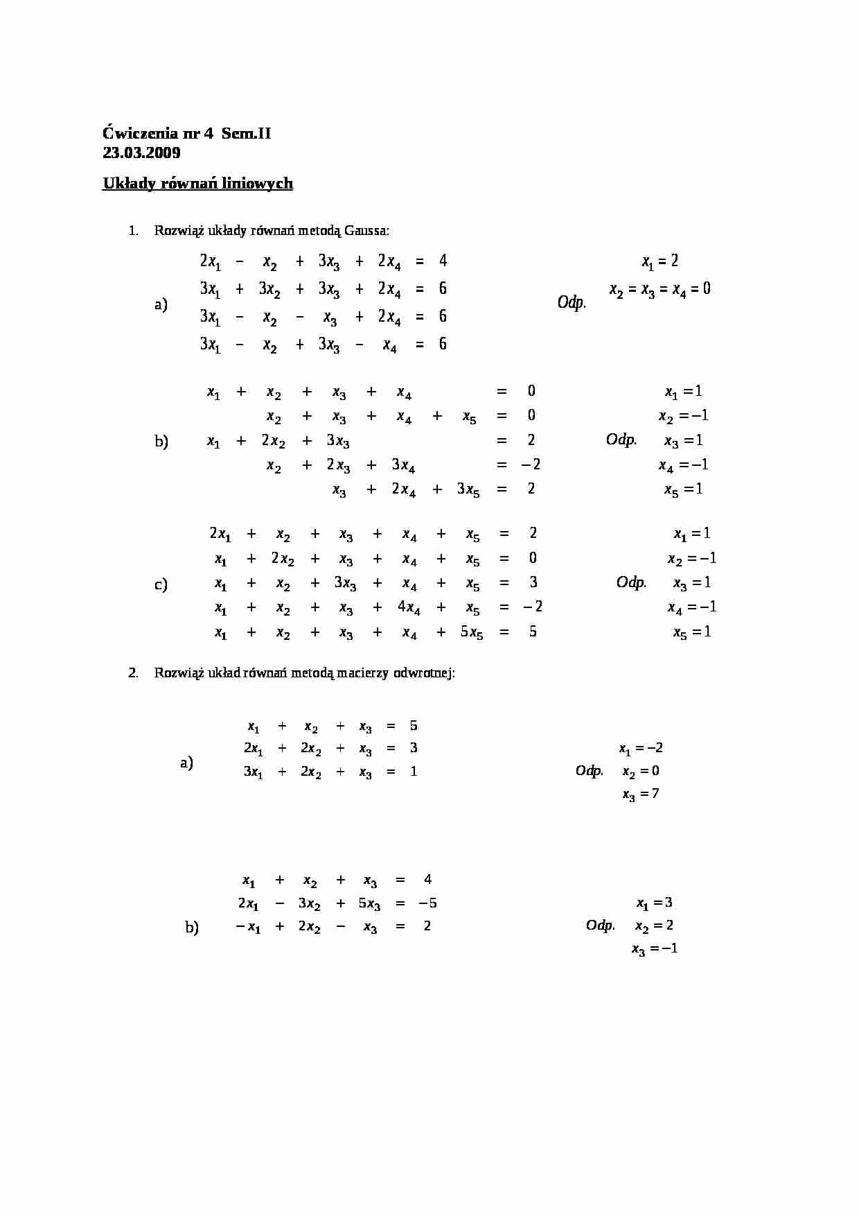 Układy równań liniowych - zadania - strona 1