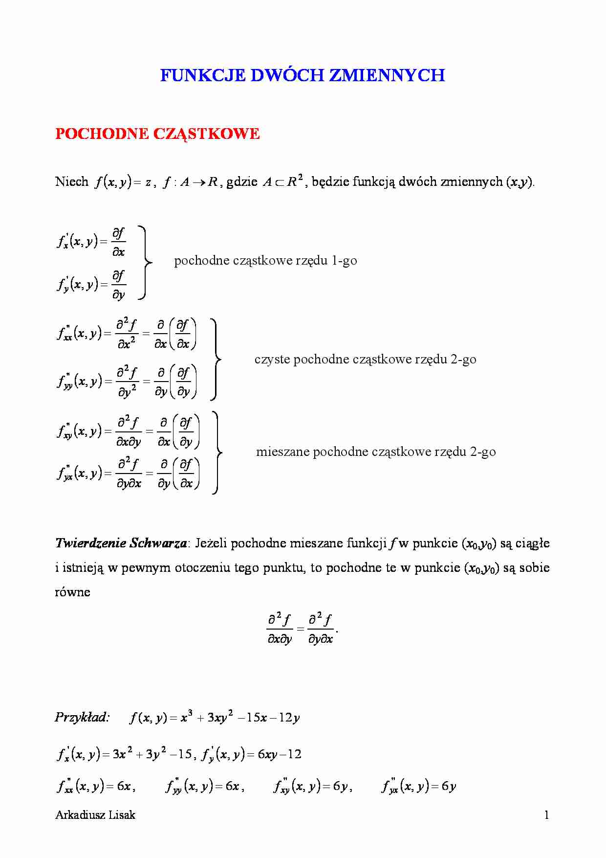Funkcje dwóch zmiennych - pochodne cząstkowe - strona 1