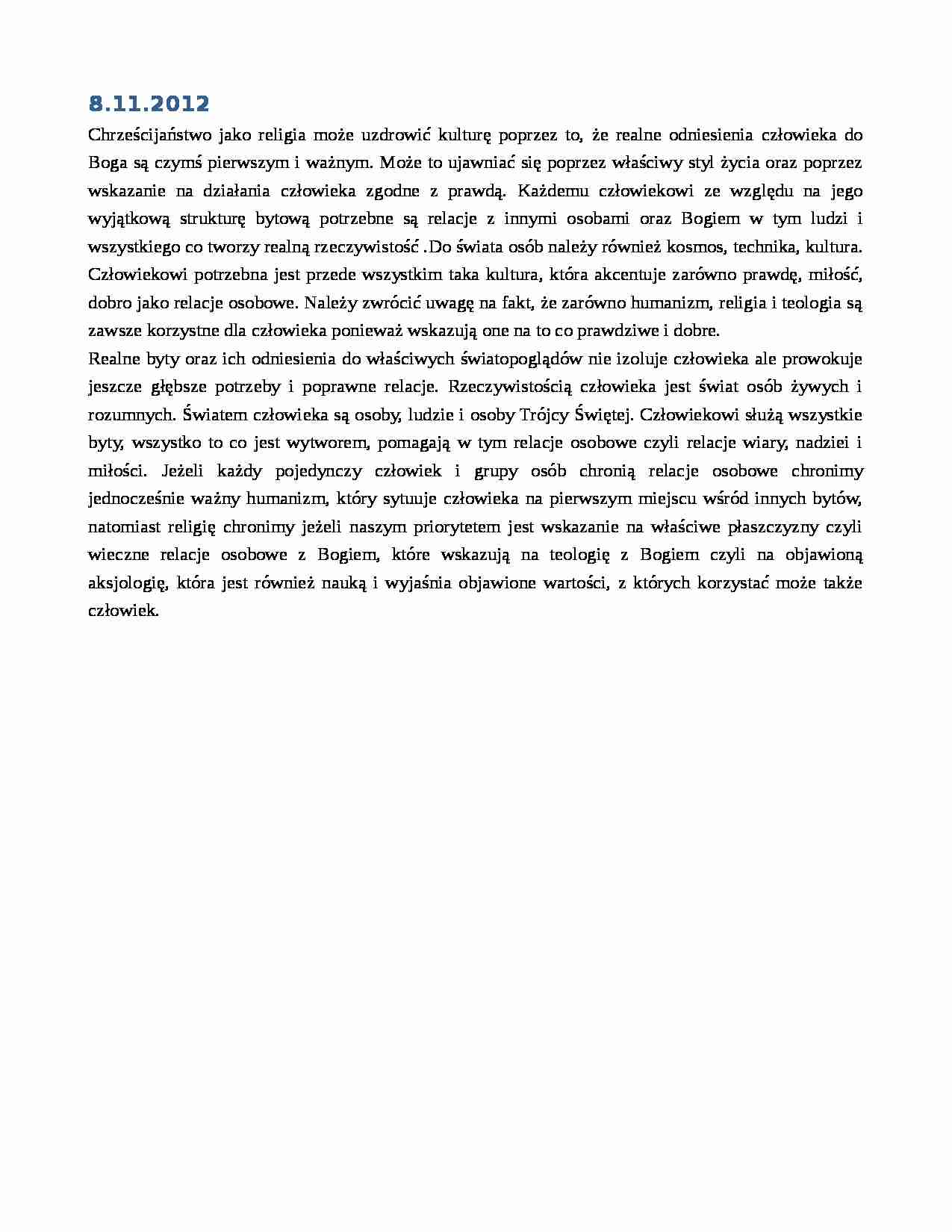 Filozofia kultury - notatki z wykładu 4 z dn. 8.11.2012 r. - strona 1