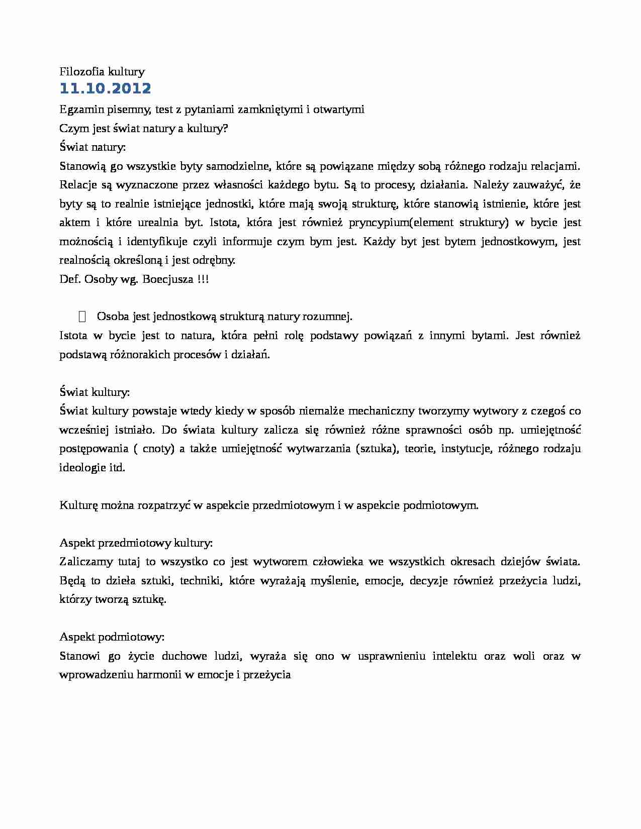 Filozofia kultury - notatki z wykładu 1 z dn. 11.10.2012 r. - strona 1
