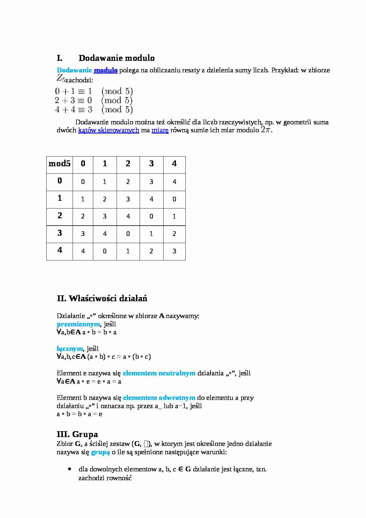 Dodawanie modulo, permutacje - grupy - strona 1