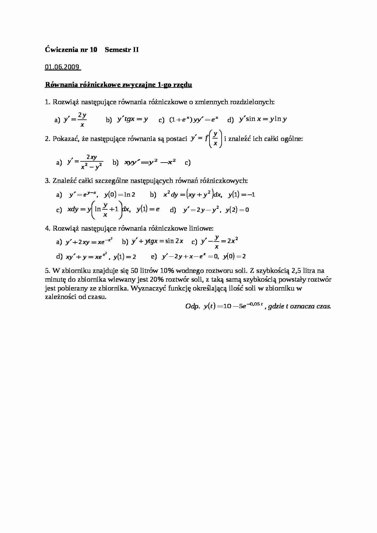 Równania rózniczkowe zwyczajne 1-go rzedu - cwiczenia - strona 1