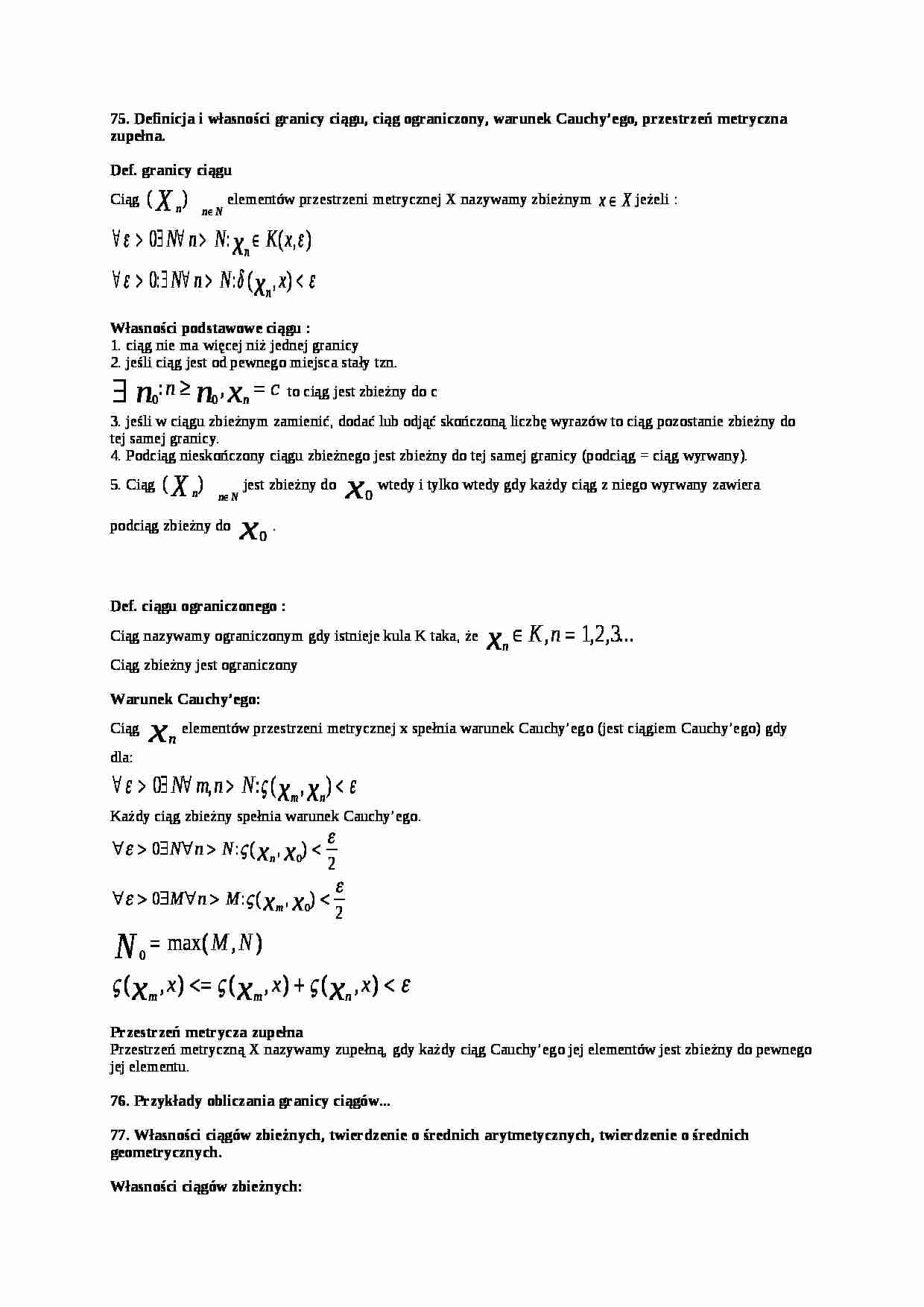 Definicja i własności granicy ciągu, ciąg ograniczony, warunek Cauchy'ego, przestrzeń metryczna zupełna - strona 1