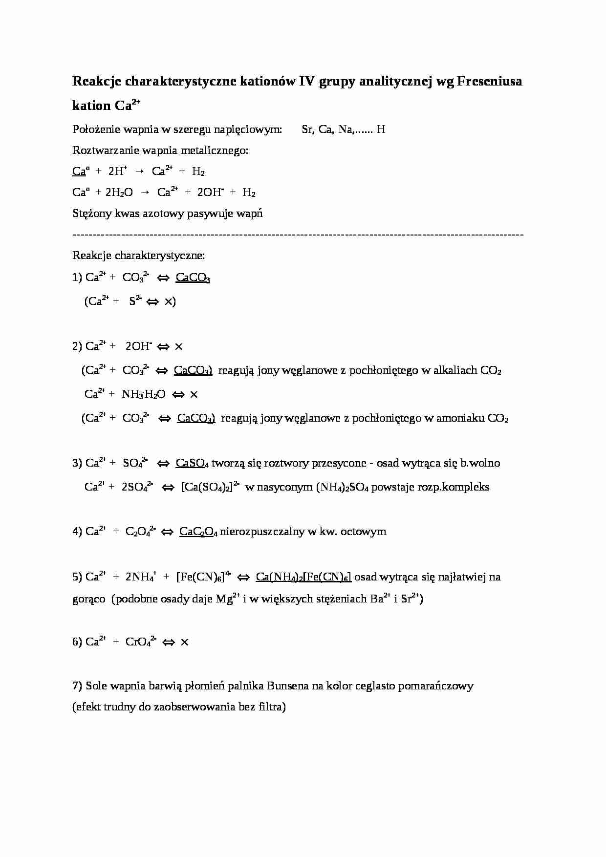 Reakcje charakterystyczne kationów IV grupy analitycznej wg Freseniusa - strona 1