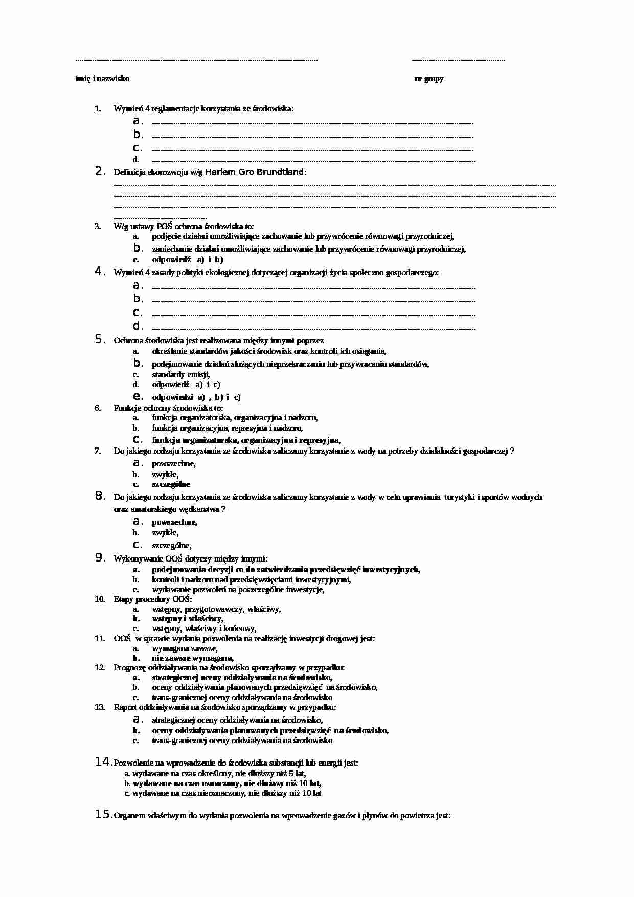 Funkcje ochorny środowiska - pytania na egzamin 2 - strona 1