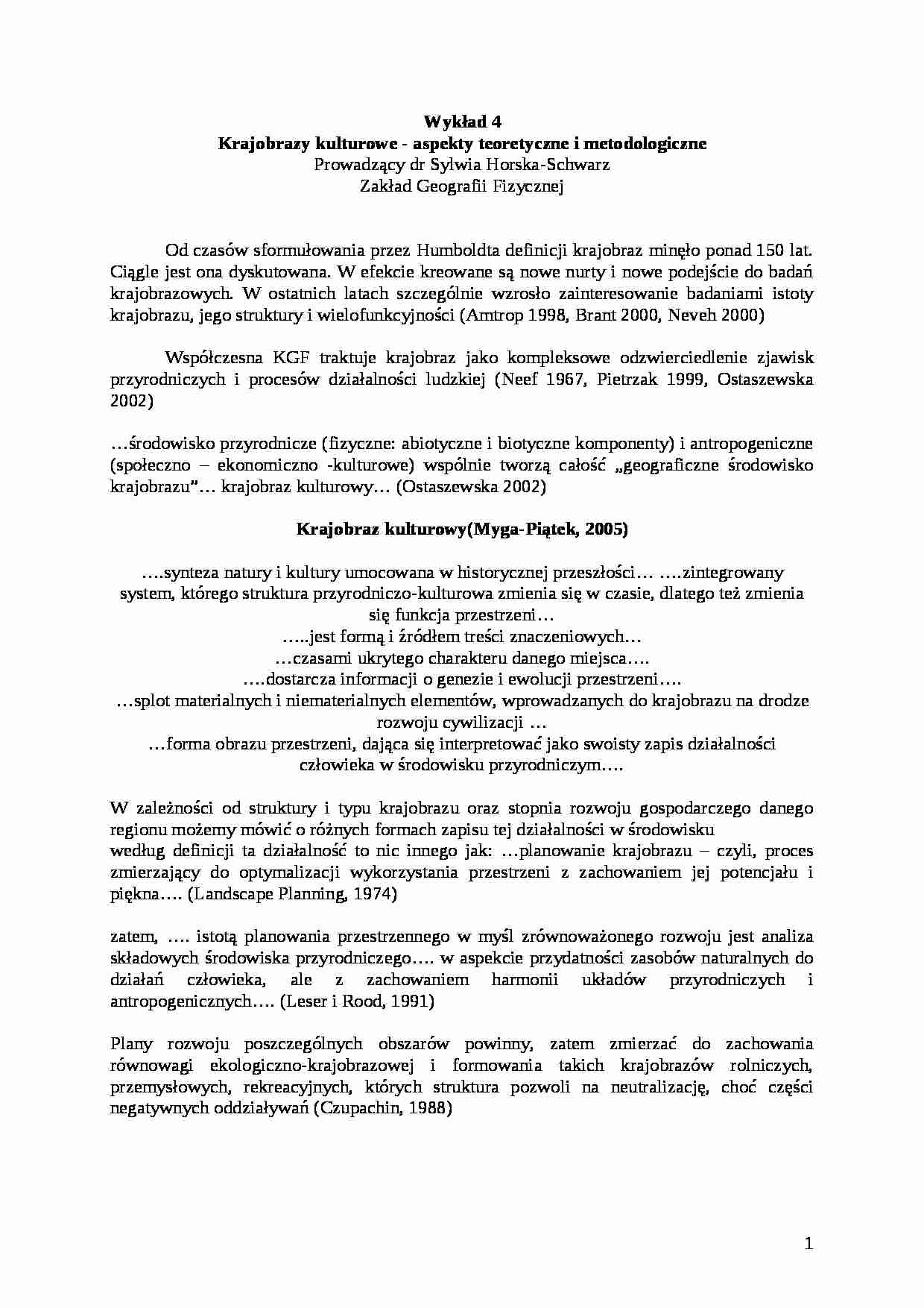 Kompleksowa geografia fizyczna Polski: Wykład 4 - Krajobrazy kulturowe - aspekty teoretyczne i metodologiczne - strona 1