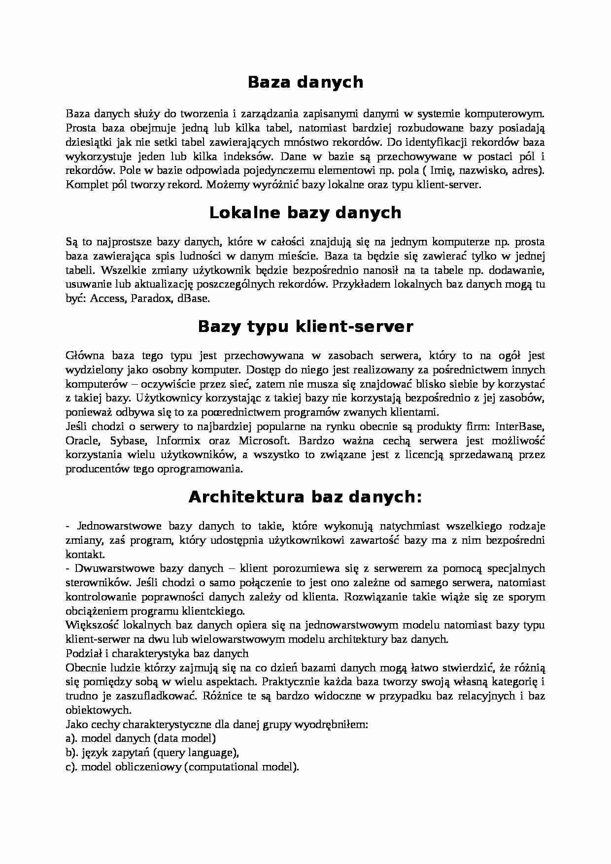 Baza danych - zarządzanie w systemie komputerowym - strona 1