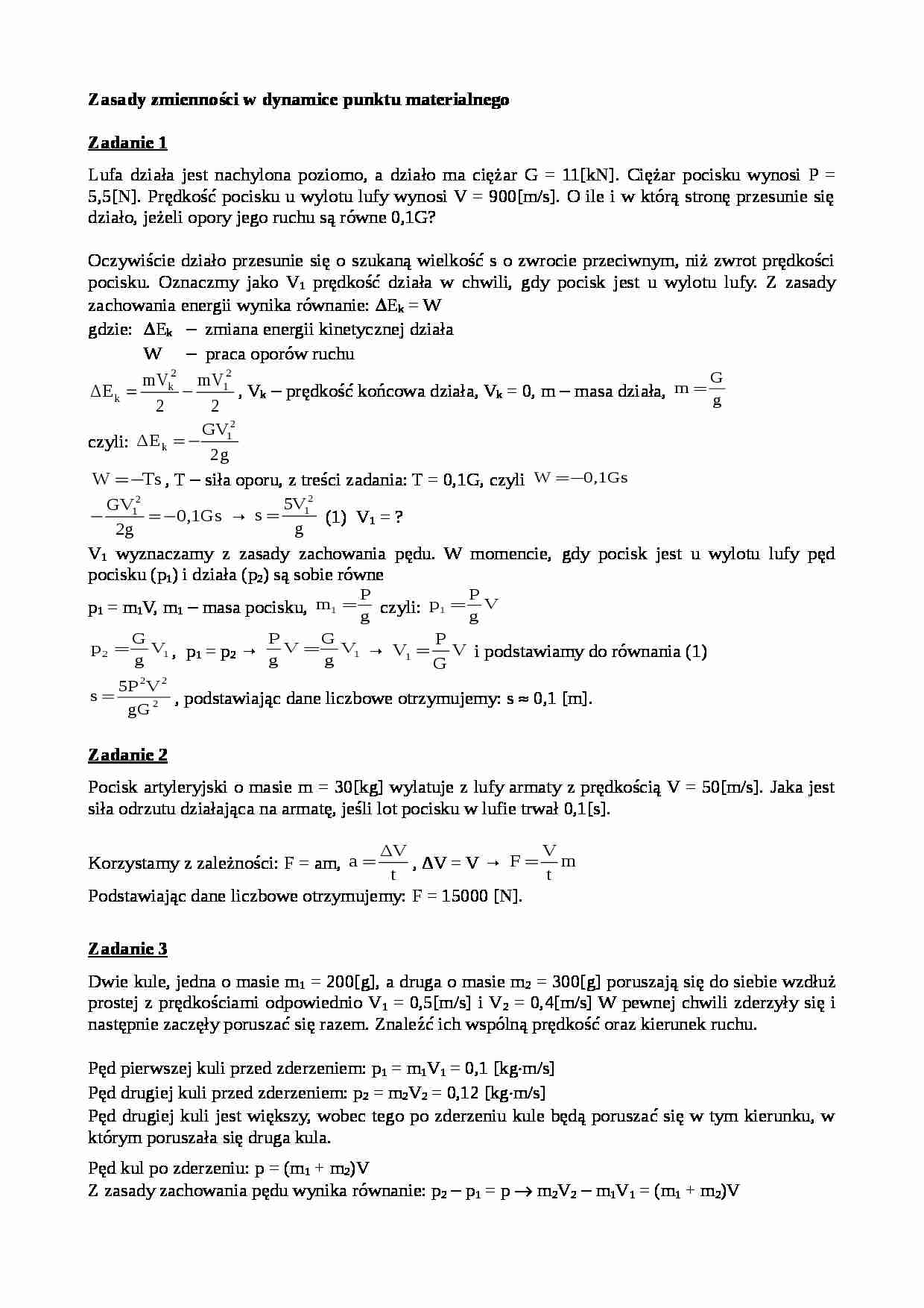 Zasady zmienności w dynamice punktu materialnego - zadania - strona 1
