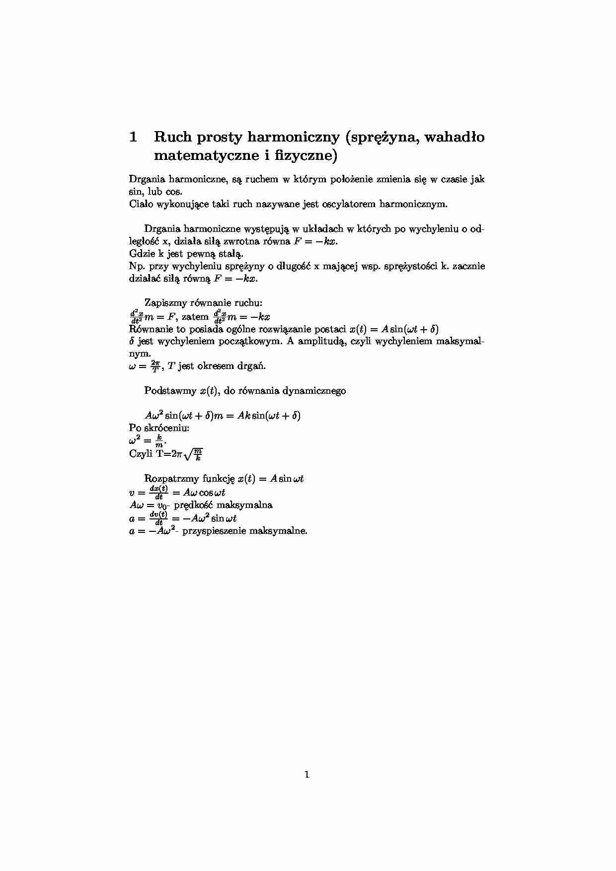 Ruch prosty harmoniczny (sprężyna, wahadło matematyczne i fizyczne) - strona 1