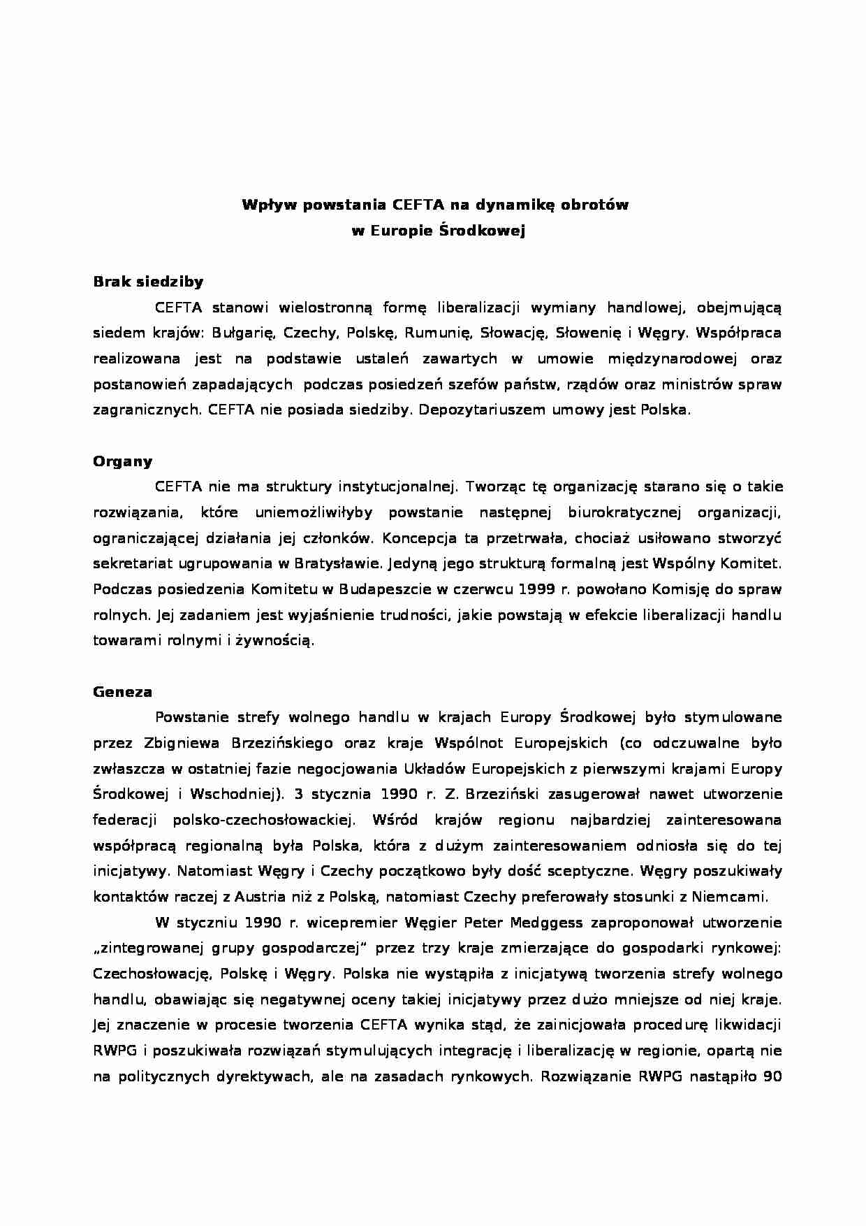 Wpływ powstania CEFTA na dynamikę obrotów w Europie Środkowej  - strona 1