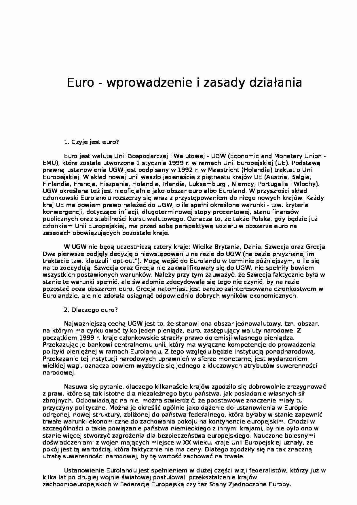 Euro - wprowadzenie i zasady działania - Europejski Bank Centralny - strona 1