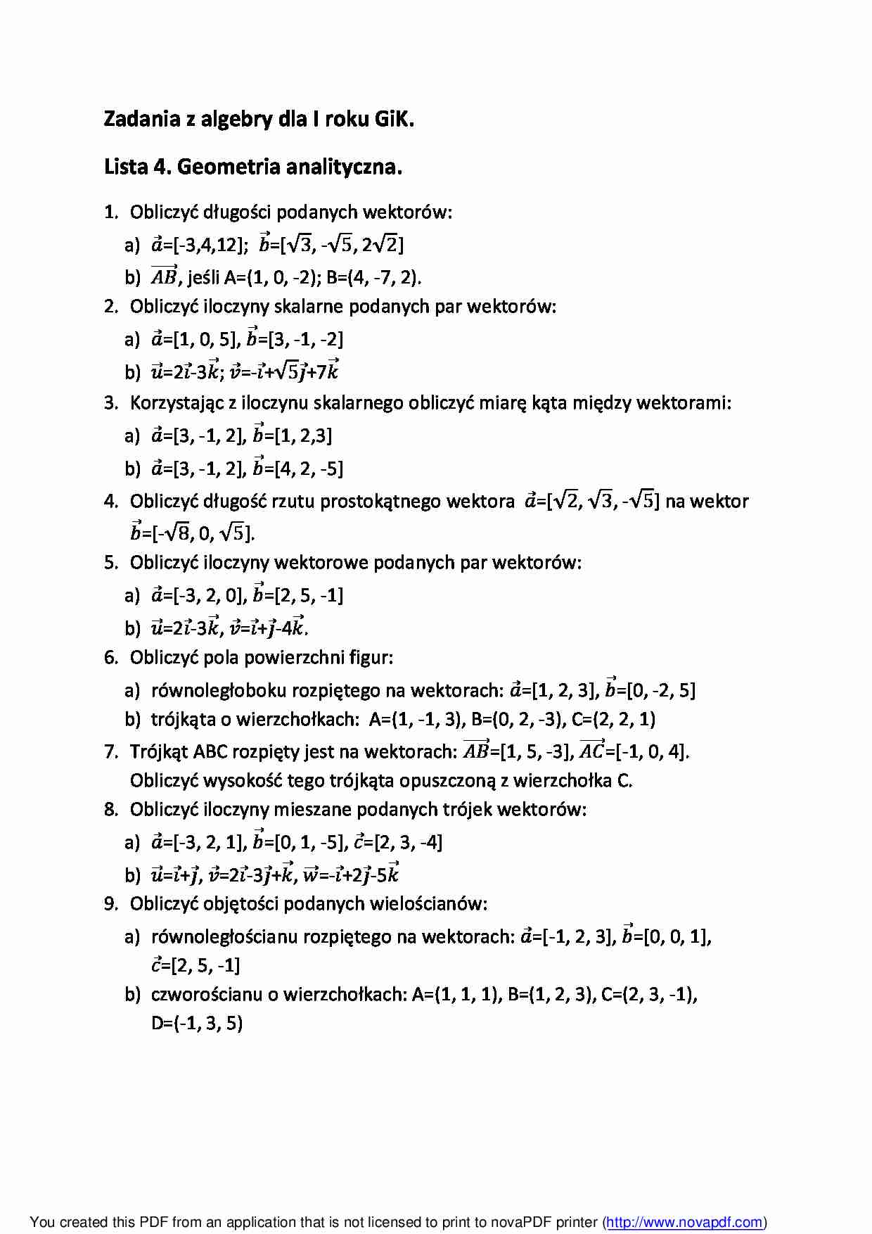Geometria analityczna - zadania z algebry - strona 1