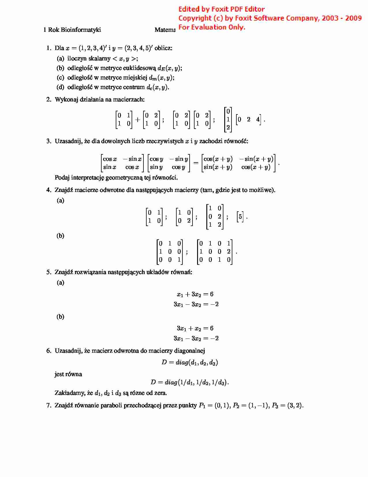 Listy zadań z matematyki dla Bioinformatyki - strona 1