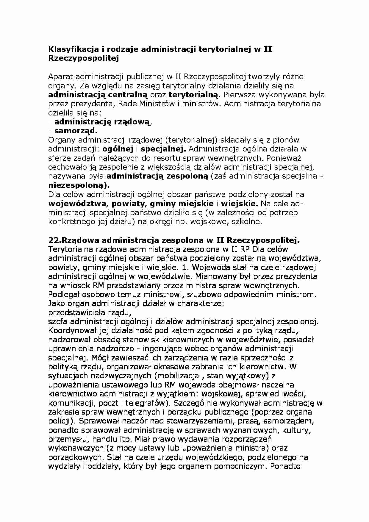 Klasyfikacja i rodzaje administracji terytorialnej w II Rzeczypospolitej - strona 1