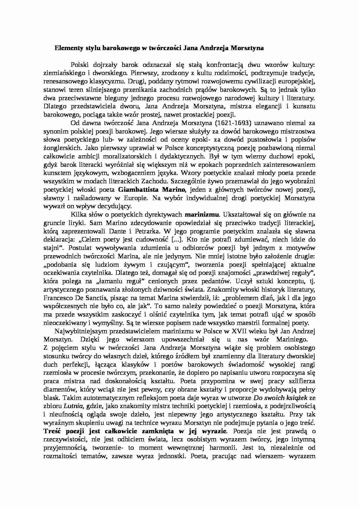 Elementy stylu barokowego w twrczości Jana Andrzeja Morsztyna - strona 1