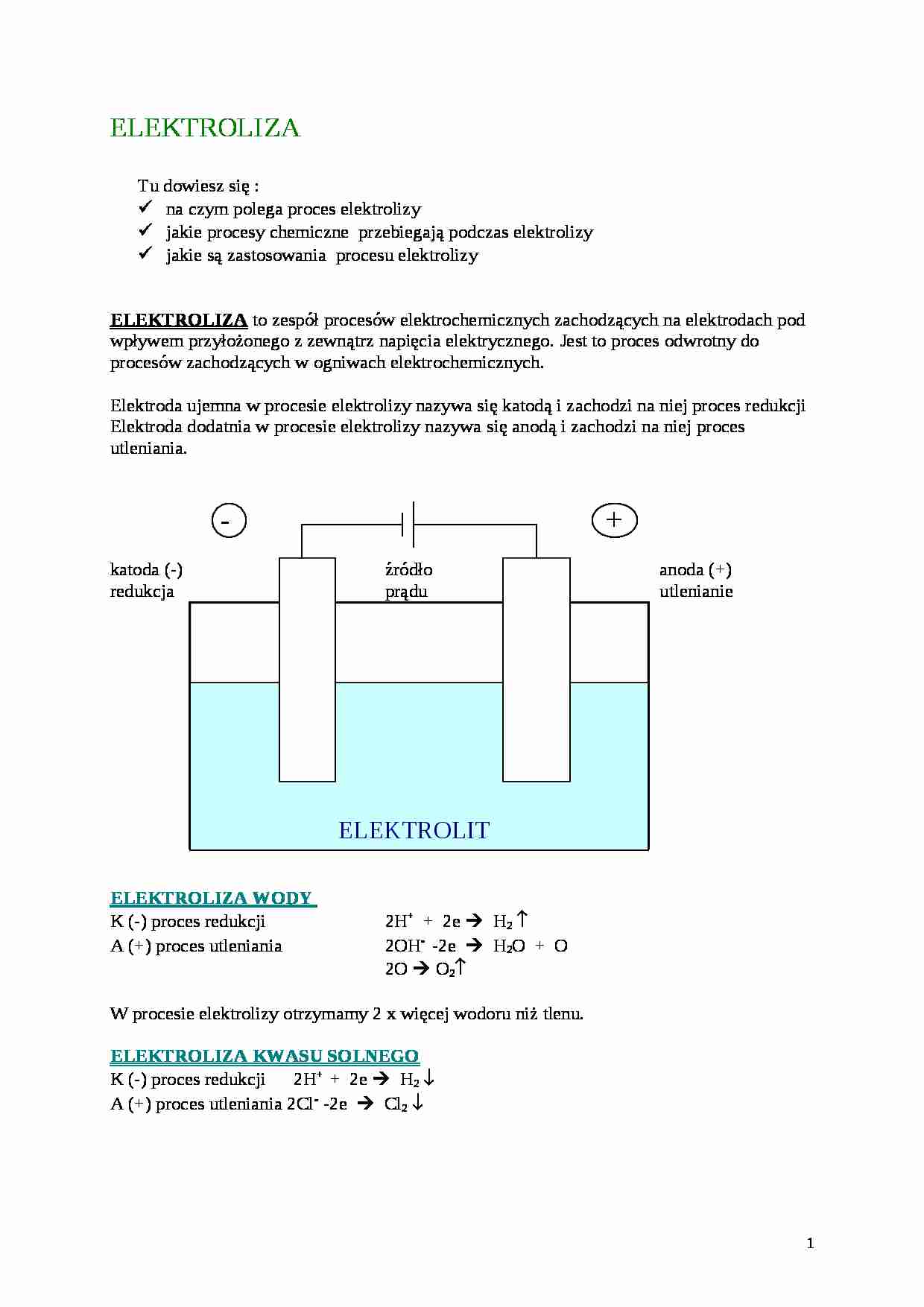 Elektroliza - pojęcie i zastosowanie  - strona 1