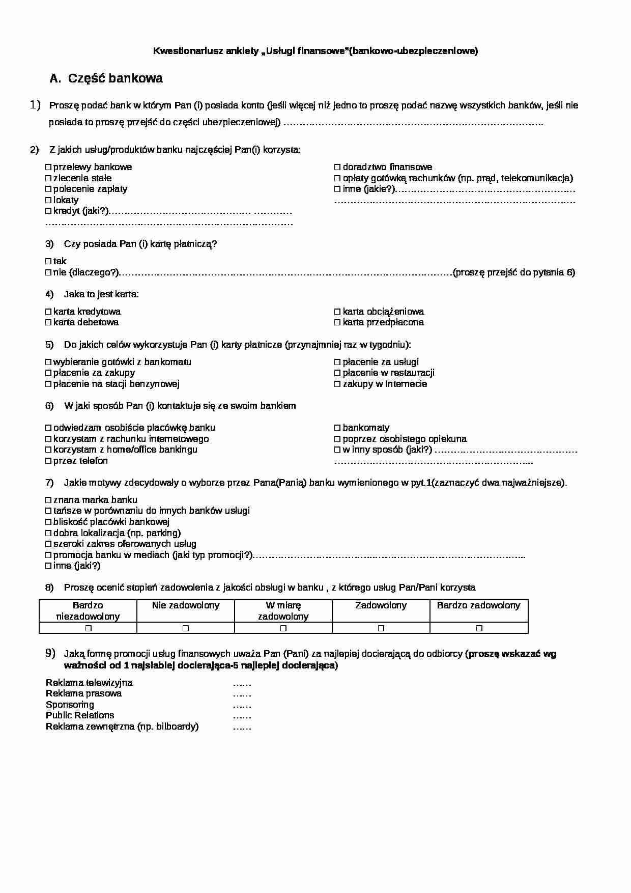 Kwestionariusz ankiety „Usługi finansowe”(bankowo-ubezpieczeniowe) - strona 1