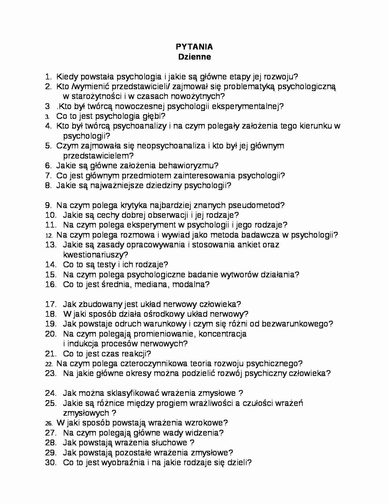 Podstawy psychologii - 103 pytania z egzaminu - strona 1