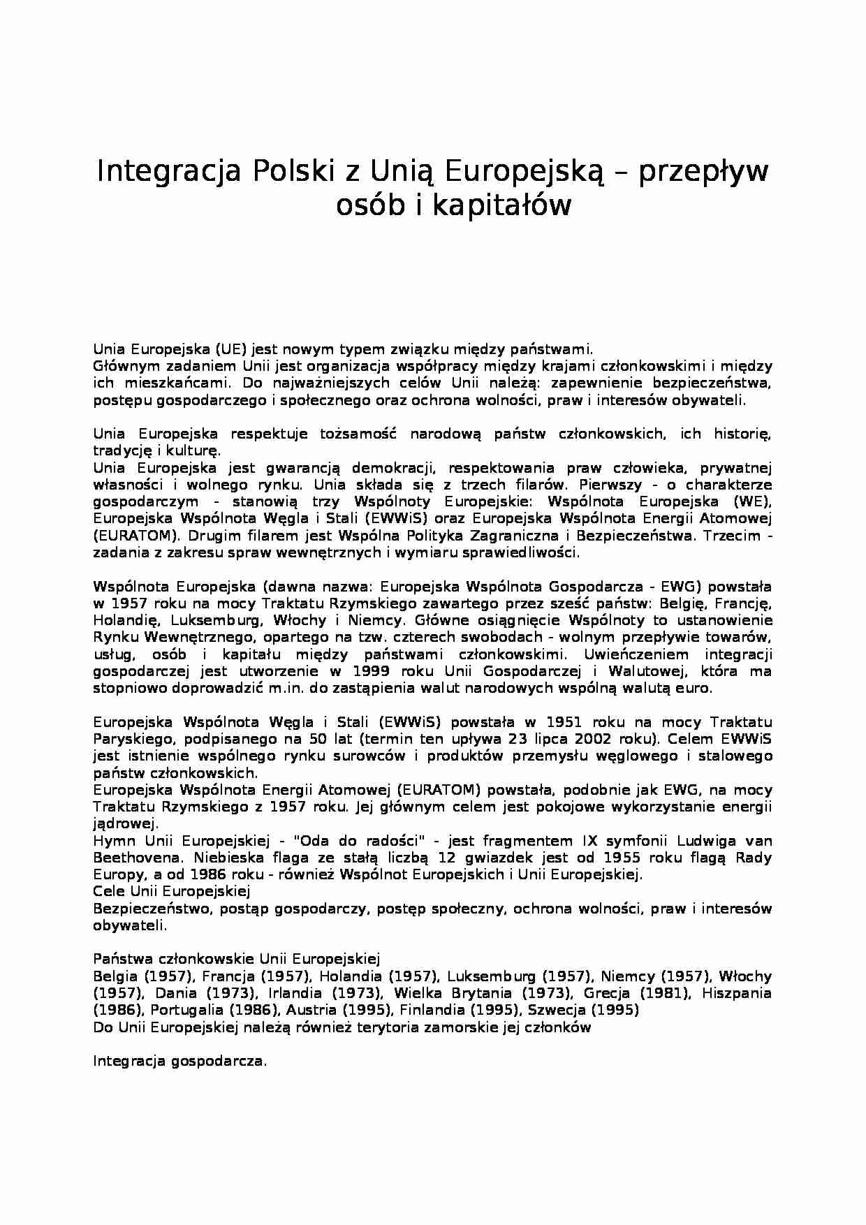 Przepływ kapitału i osób - Integracja Polski z Unią Europejską - strona 1