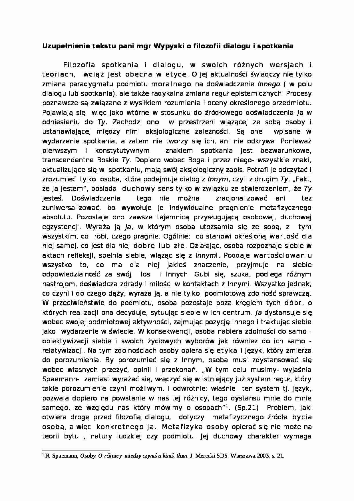 Uzupełnienie tekstu pani mgr Wypyski o filozofii dialogu i spotkania - strona 1