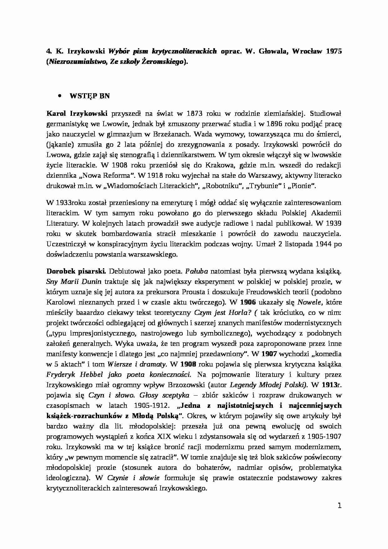 K. Irzykowski - Wybór pism krytycznoliterackich - strona 1