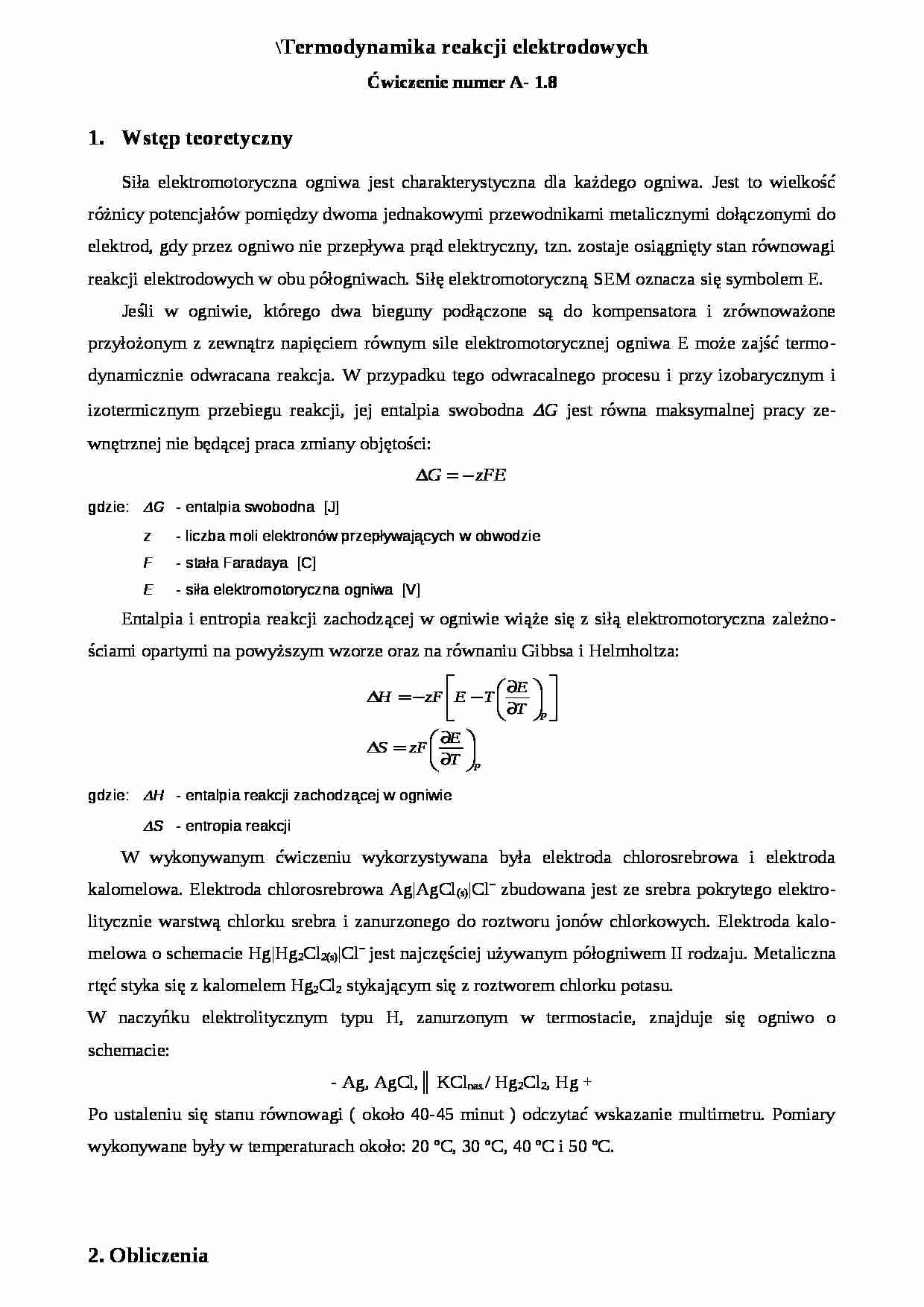 Termodynamika reakcji elektrodowych - strona 1
