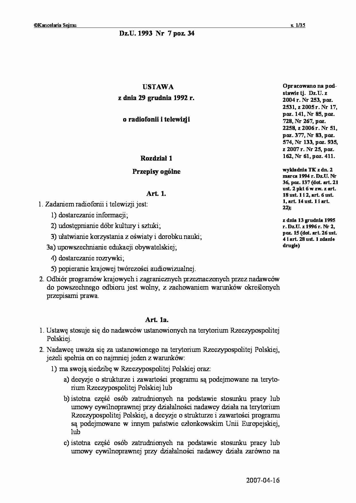Ustawa o radiofonii i telewizji - strona 1