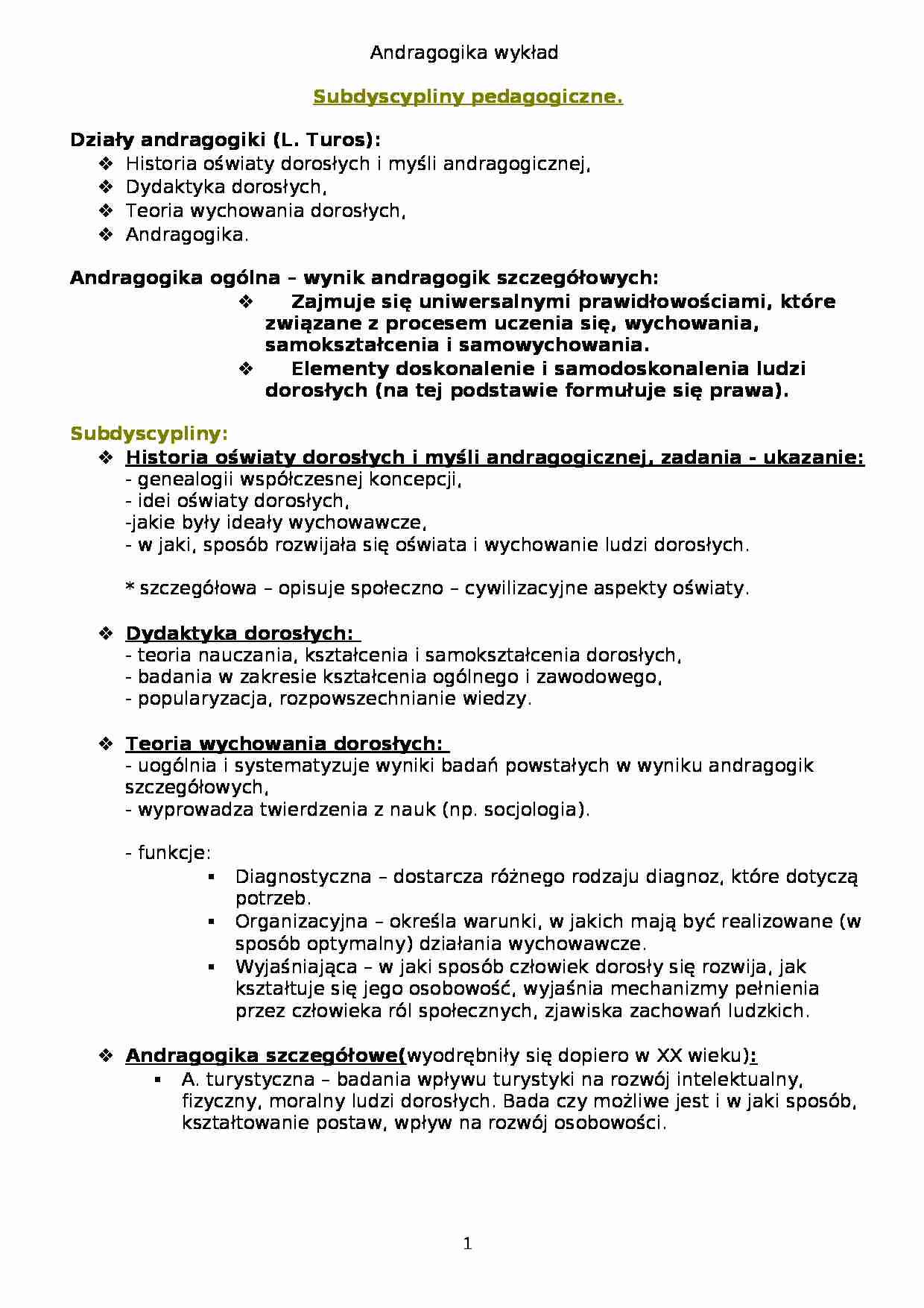 Andragogika- Subdyscypliny pedagogiczne. - strona 1