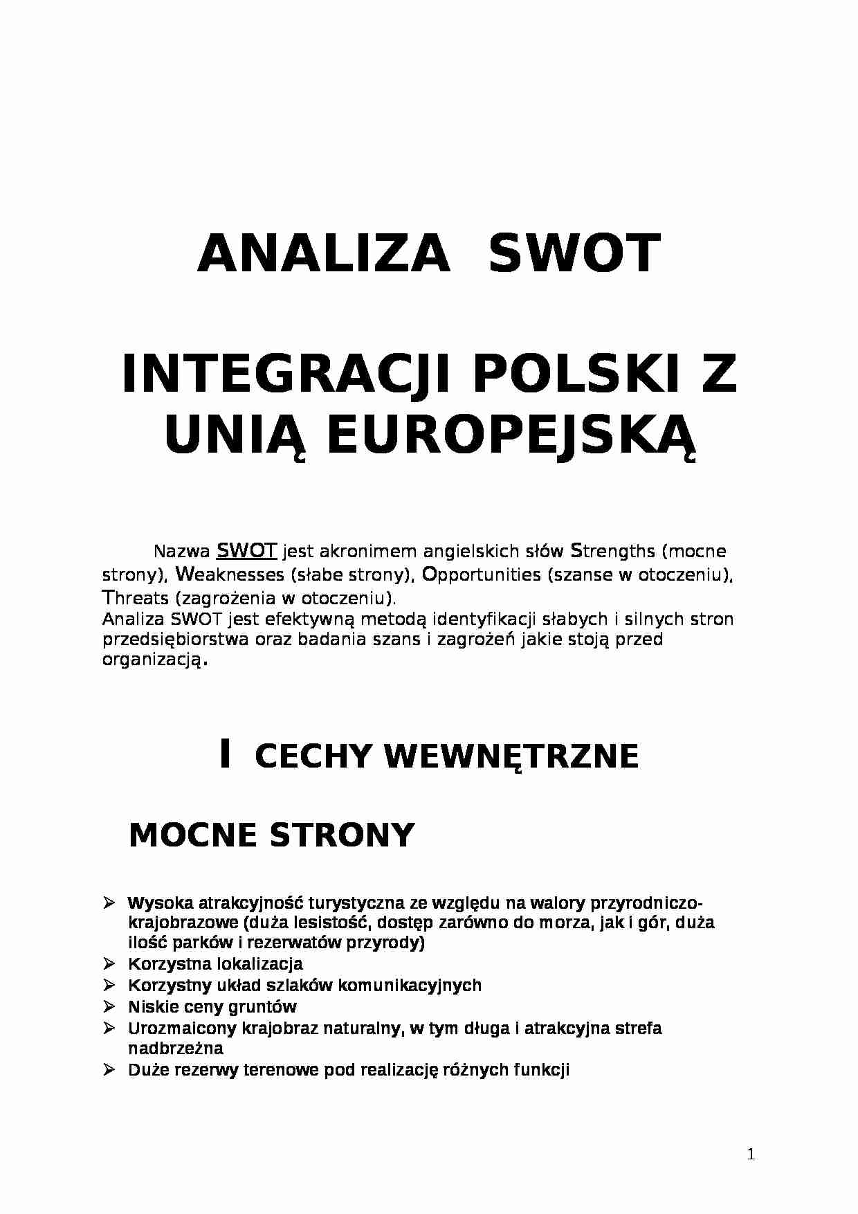 Analiza SWOT integracji Polski z Unią Europejską - strona 1