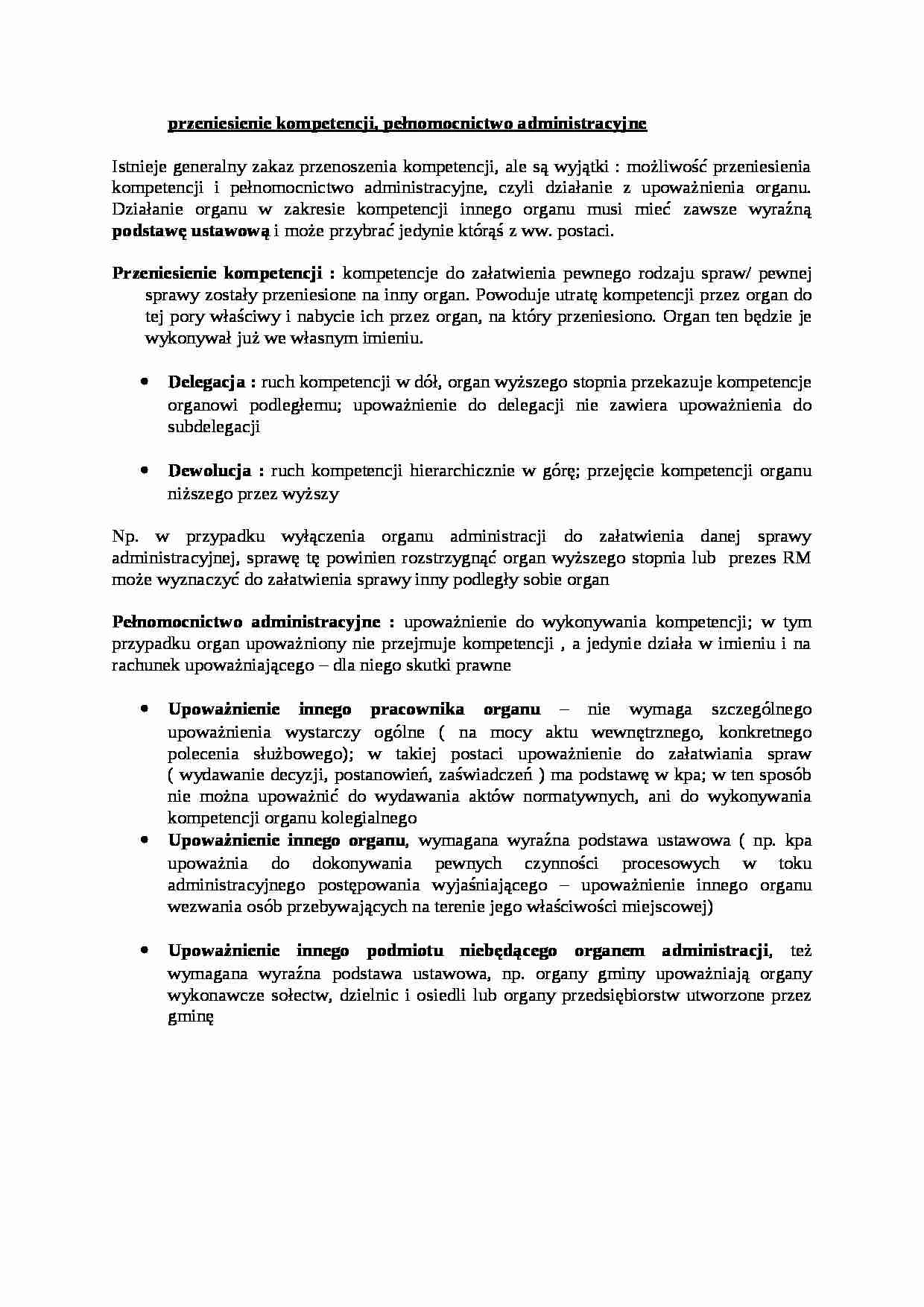 przeniesienie kompetencji, pełnomocnictwo administracyjne - strona 1