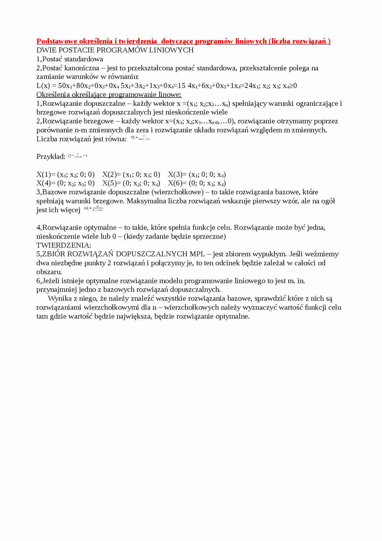 Podstawowe okre_lenia i twierdzenia  dotyczące programów liniowych (liczba rozwiązań ) - strona 1