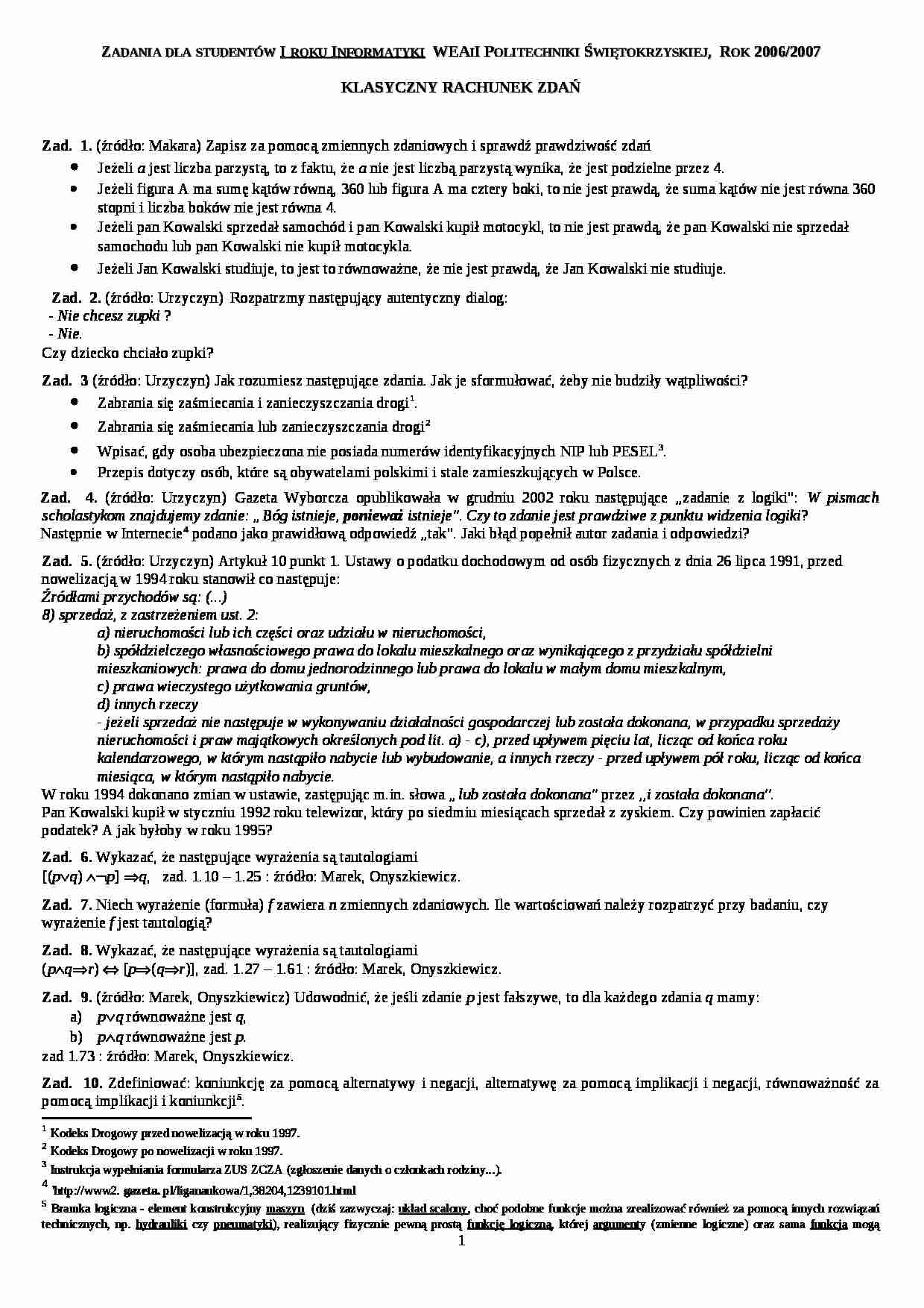 Zadania dla studentów I roku Informatyki  WEAiI Politechniki Świętokrzyskiej rok 2006/2007 - strona 1